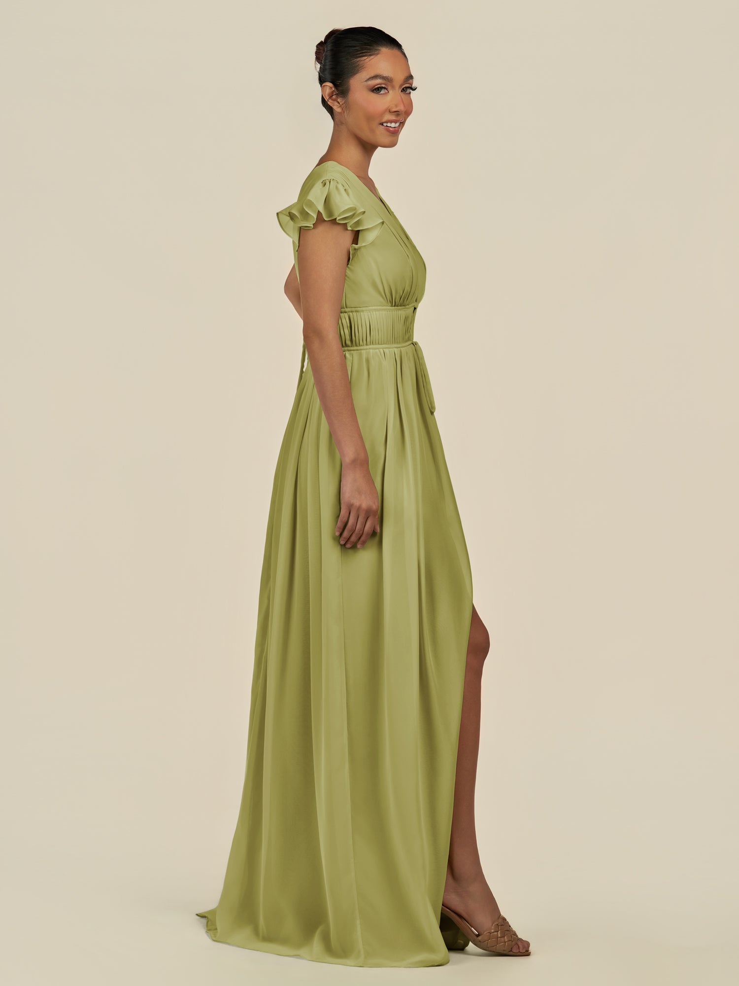KissDress-Fienna Moss Green A Line Chiffon Deep V Neck Long Bridesmaid Dress with Flutter Sleeves
