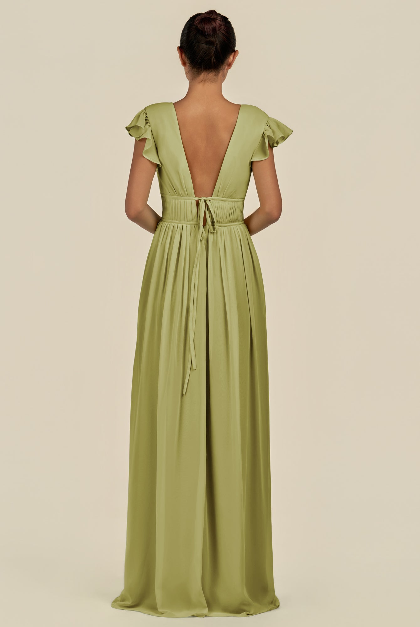 KissDress-Fienna Moss Green A Line Chiffon Deep V Neck Long Bridesmaid Dress with Flutter Sleeves