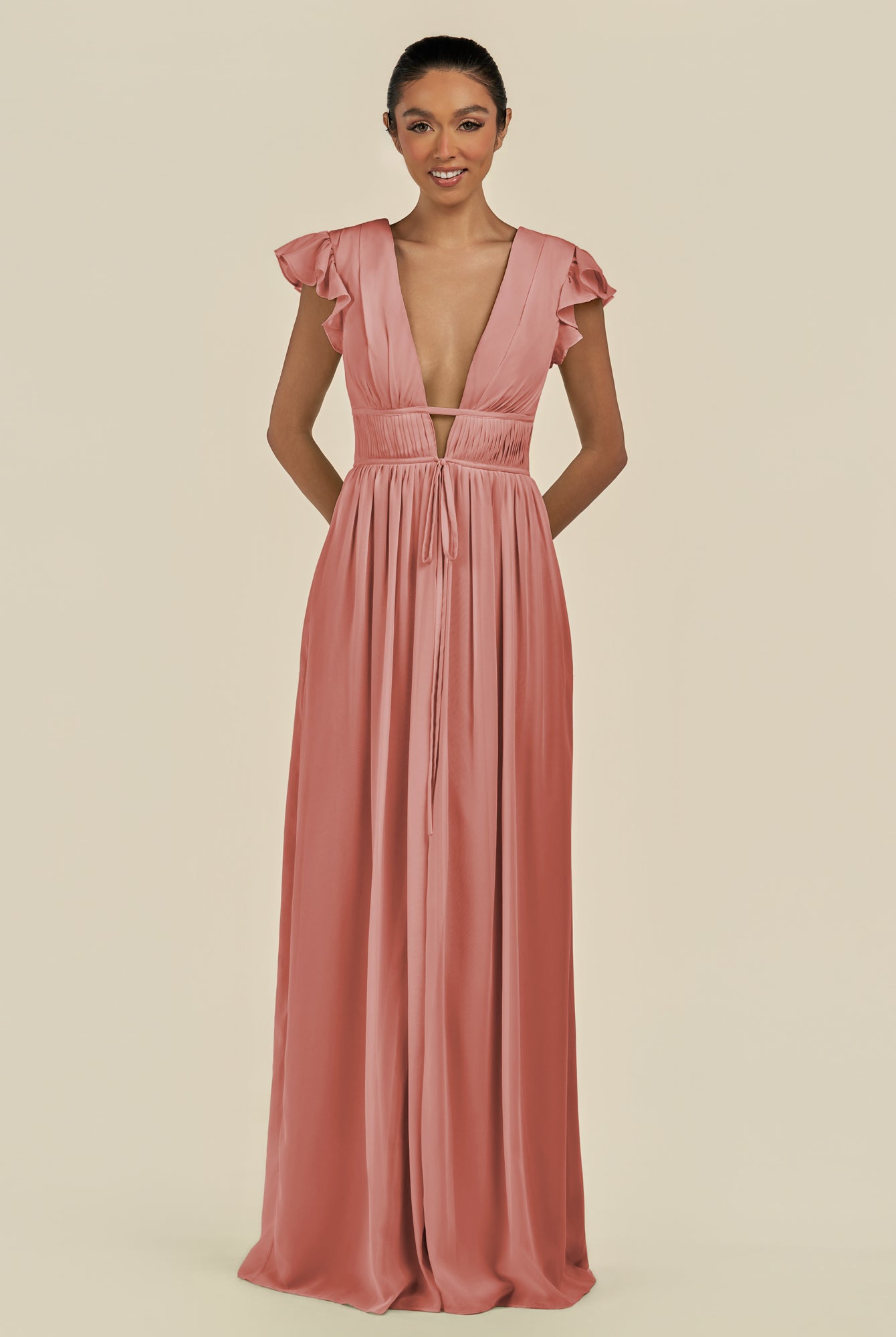KissDress-Fienna Mulberry A Line Chiffon Deep V Neck Long Bridesmaid Dress with Flutter Sleeves