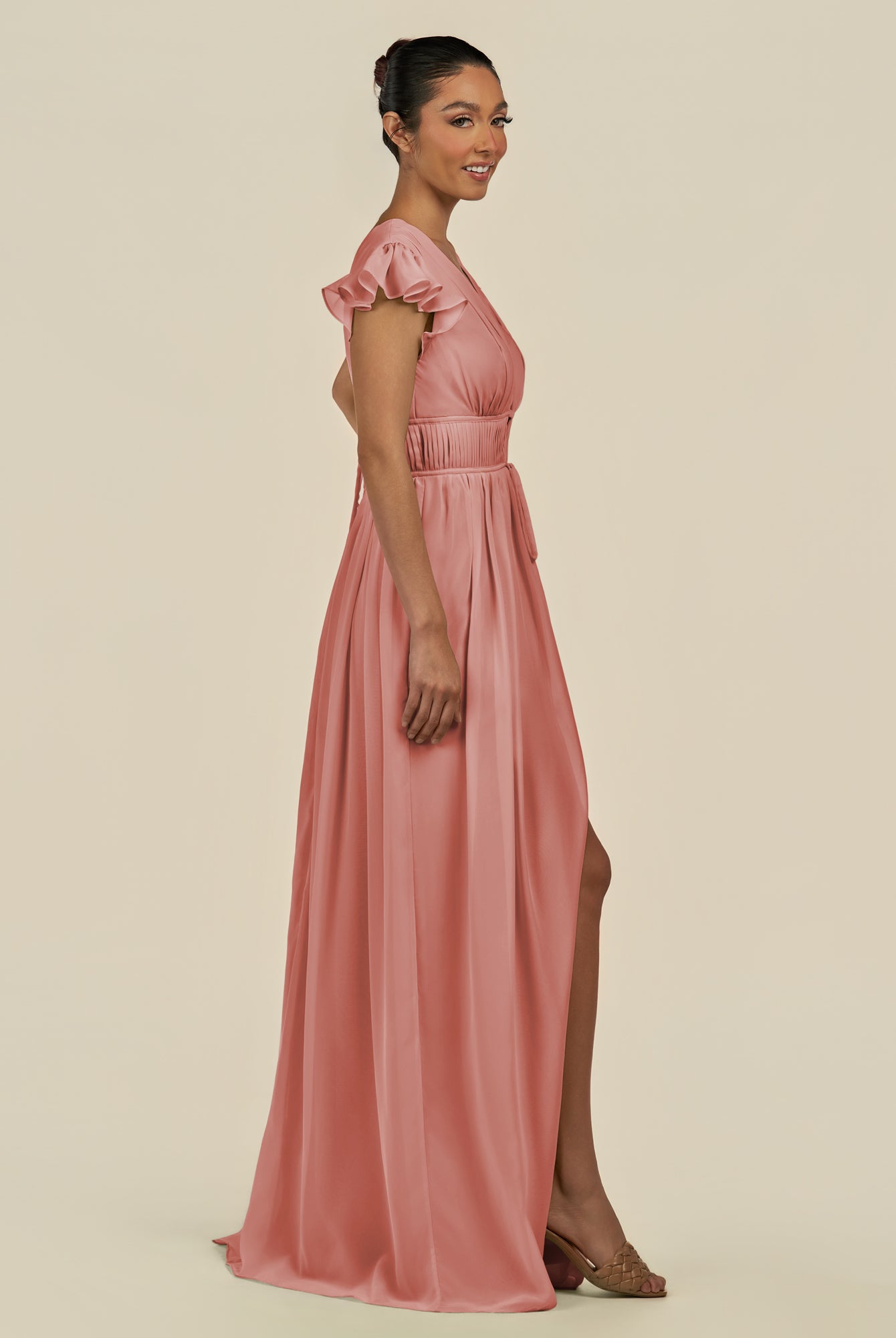 KissDress-Fienna Mulberry A Line Chiffon Deep V Neck Long Bridesmaid Dress with Flutter Sleeves