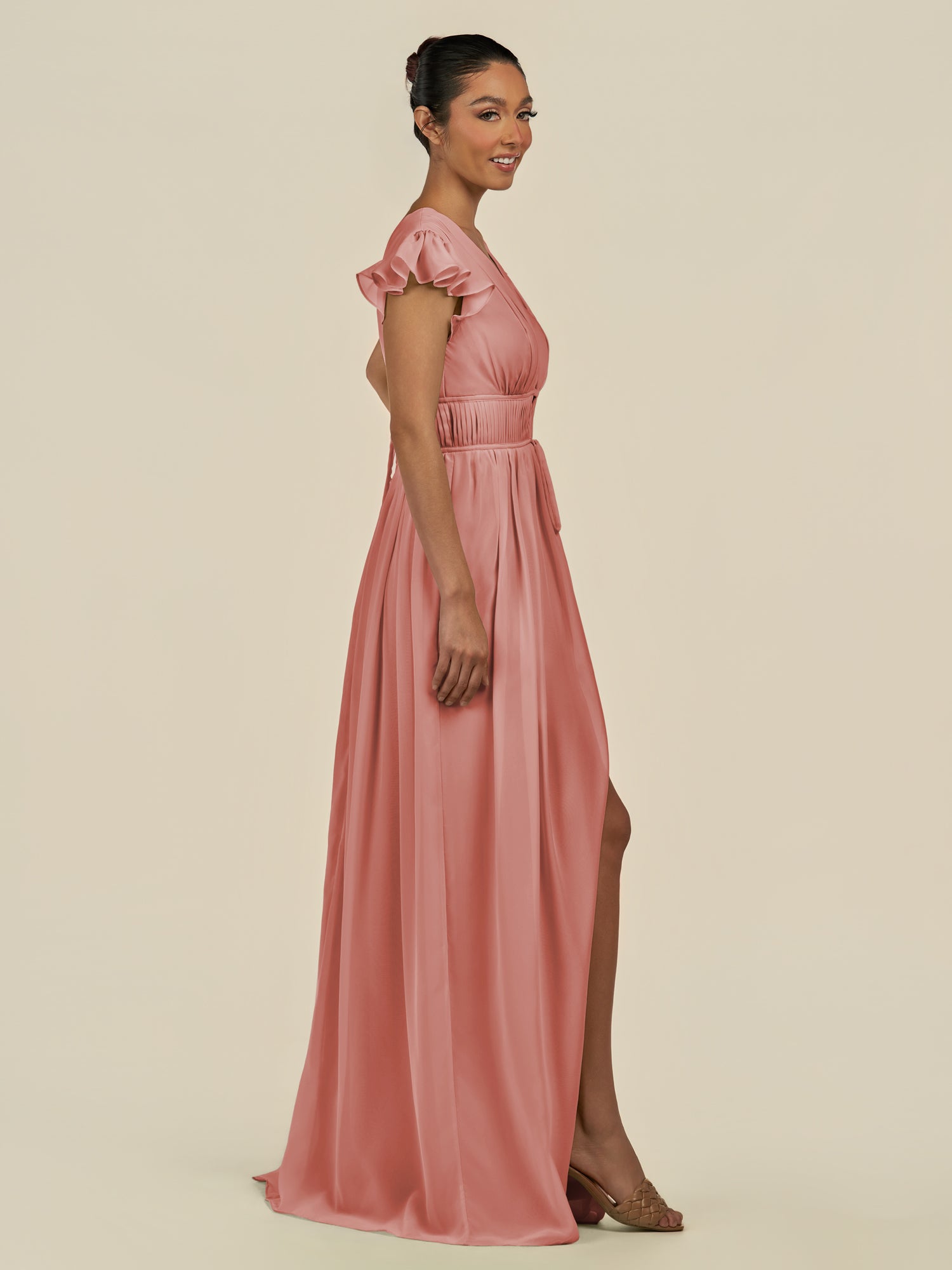 KissDress-Fienna Mulberry A Line Chiffon Deep V Neck Long Bridesmaid Dress with Flutter Sleeves