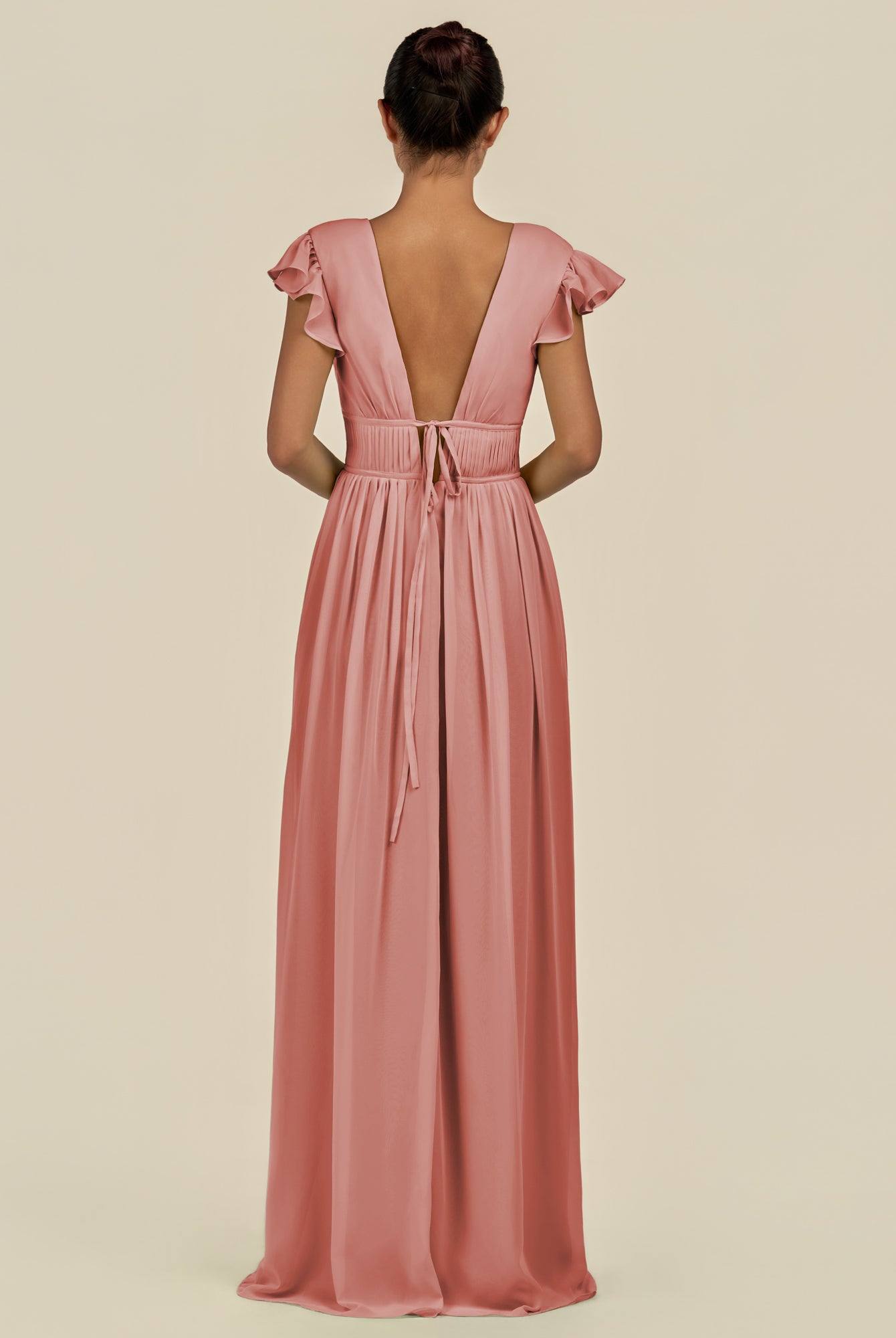 KissDress-Fienna Mulberry A Line Chiffon Deep V Neck Long Bridesmaid Dress with Flutter Sleeves