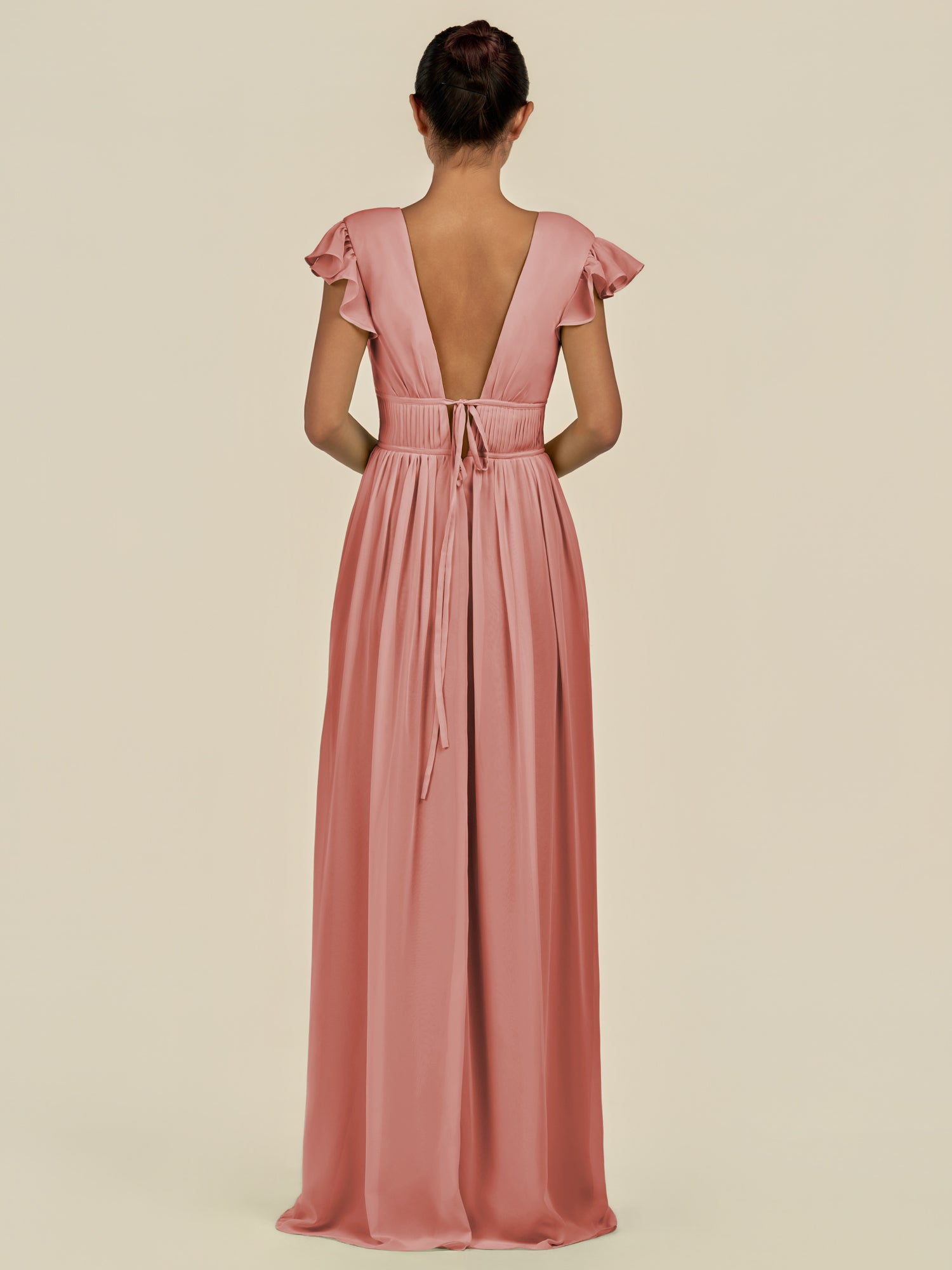 KissDress-Fienna Mulberry A Line Chiffon Deep V Neck Long Bridesmaid Dress with Flutter Sleeves
