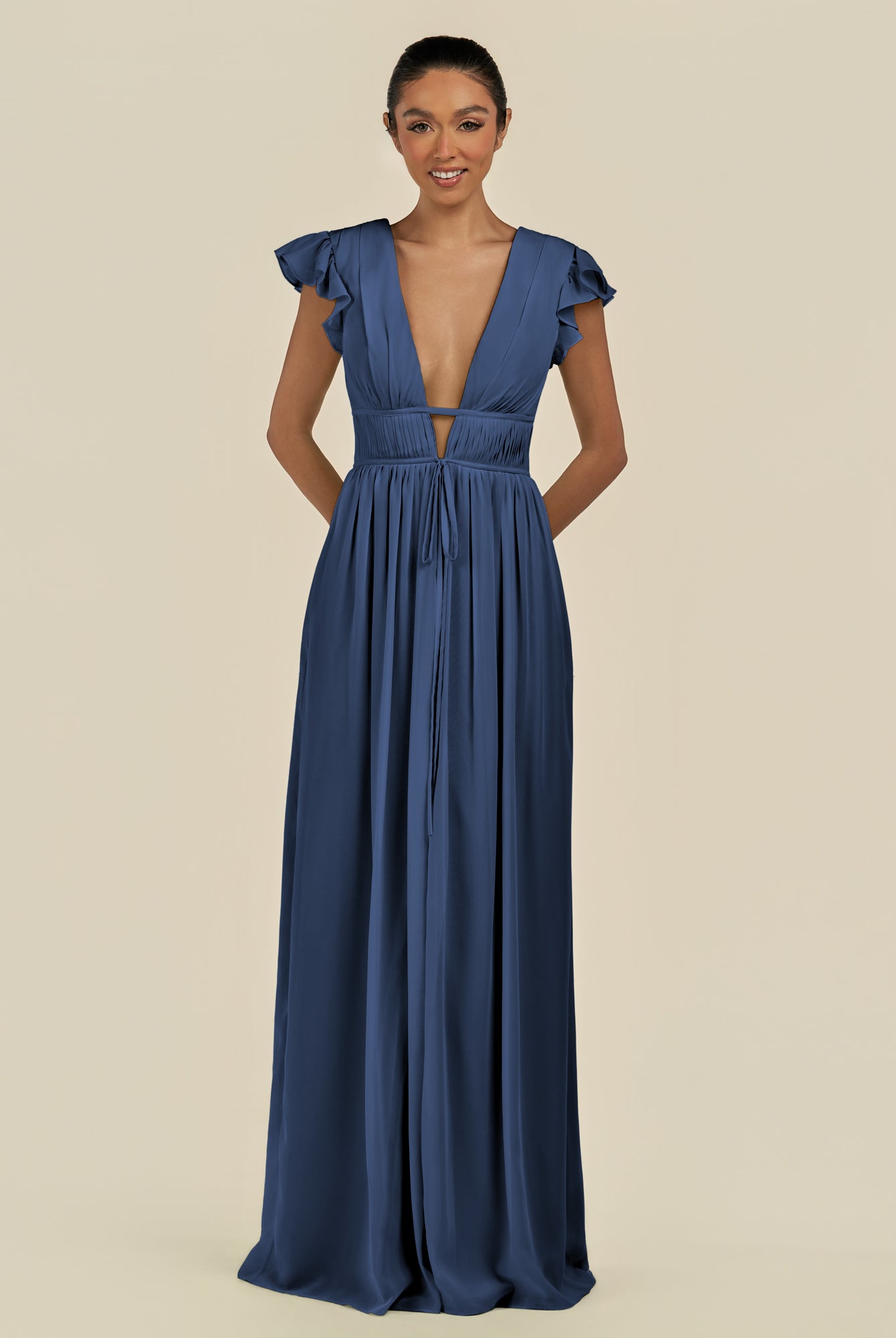 KissDress-Fienna Navy A Line Chiffon Deep V Neck Long Bridesmaid Dress with Flutter Sleeves