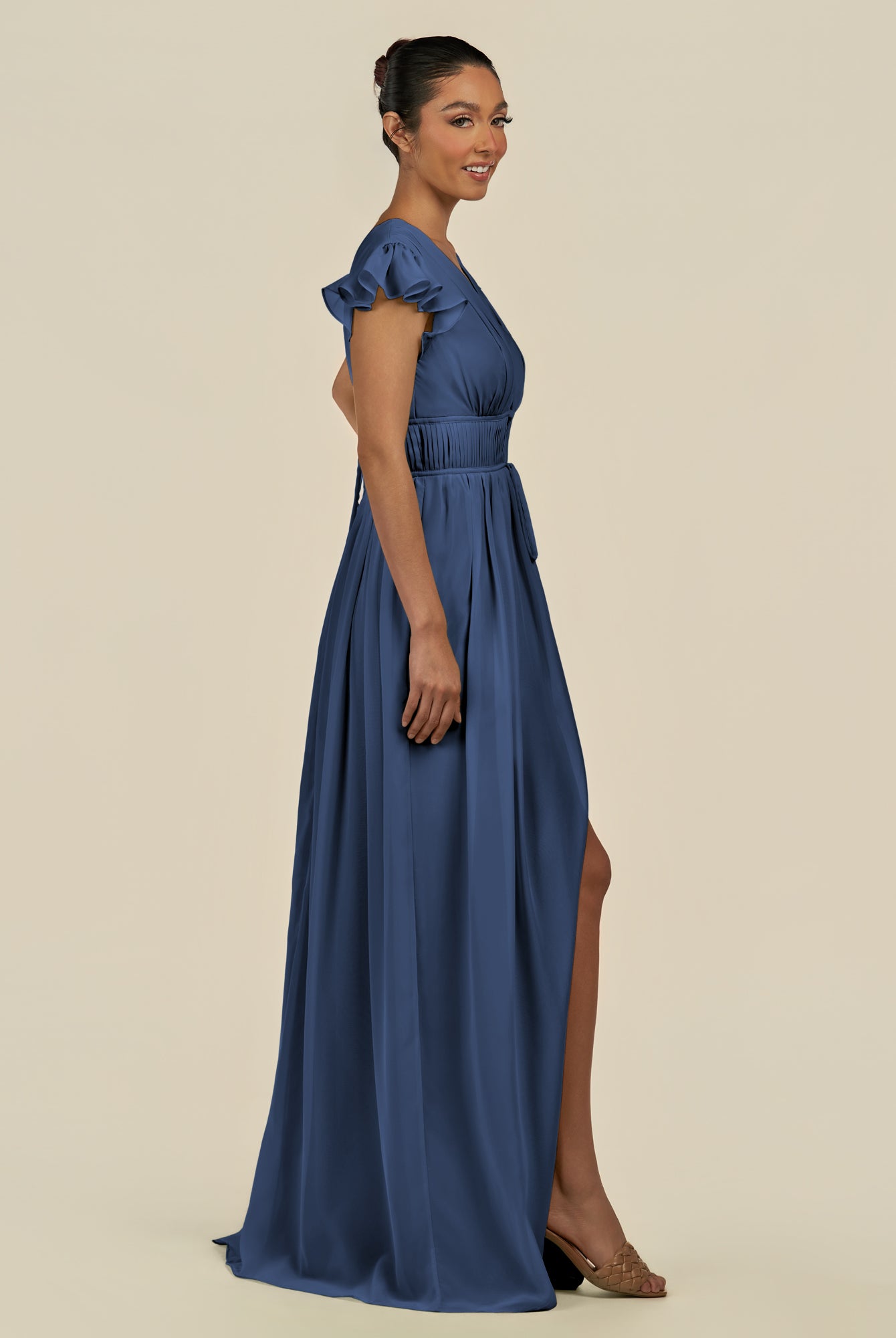 KissDress-Fienna Navy A Line Chiffon Deep V Neck Long Bridesmaid Dress with Flutter Sleeves