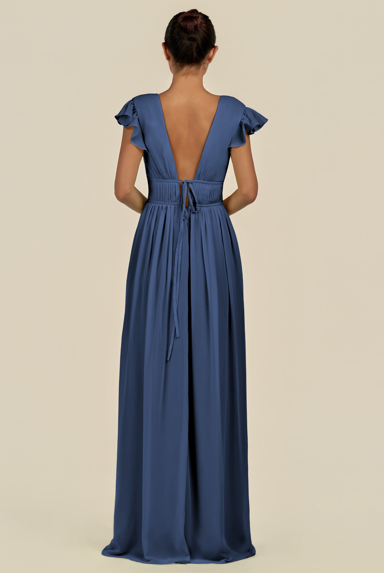 KissDress-Fienna Navy A Line Chiffon Deep V Neck Long Bridesmaid Dress with Flutter Sleeves