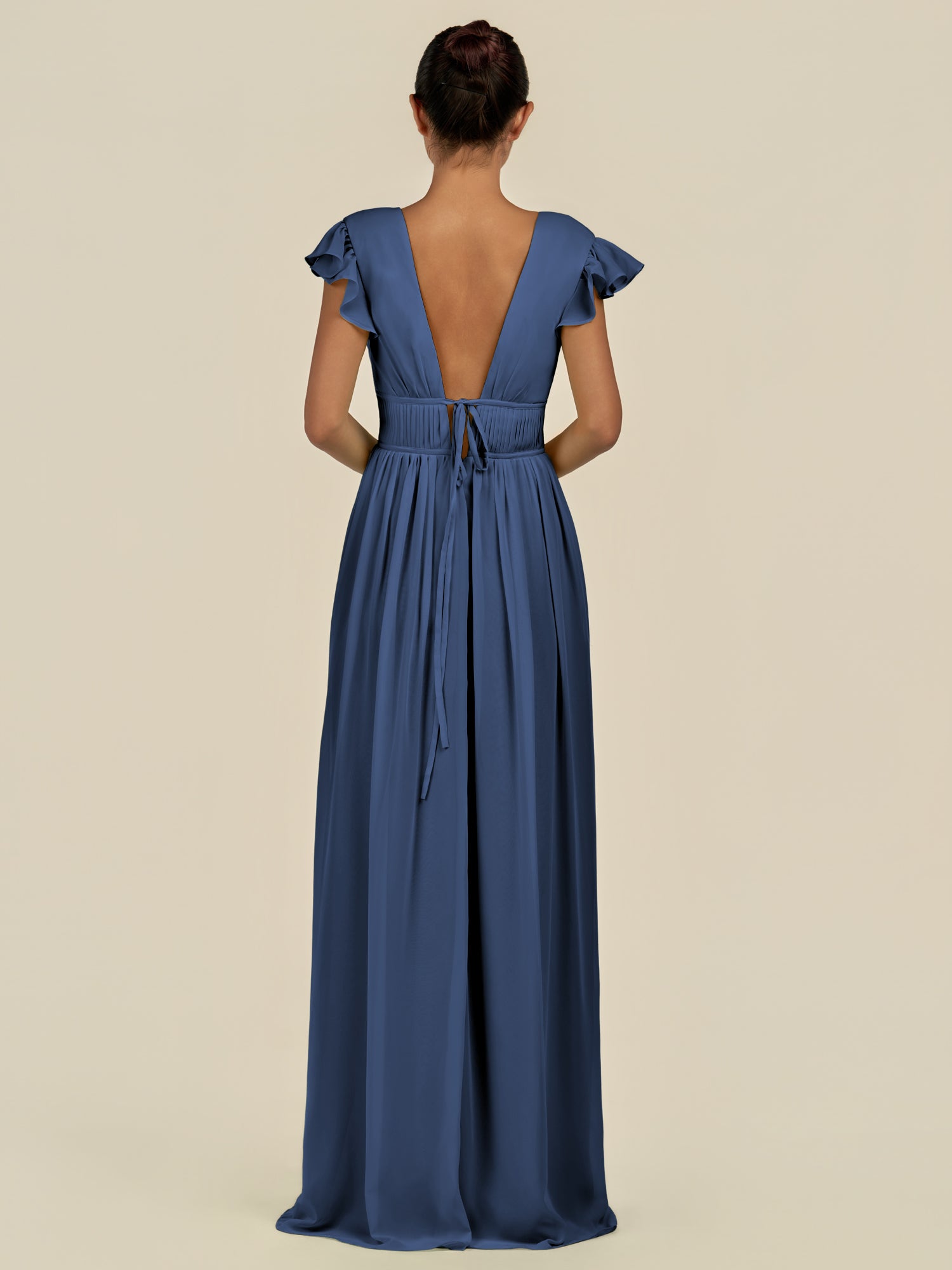 KissDress-Fienna Navy A Line Chiffon Deep V Neck Long Bridesmaid Dress with Flutter Sleeves