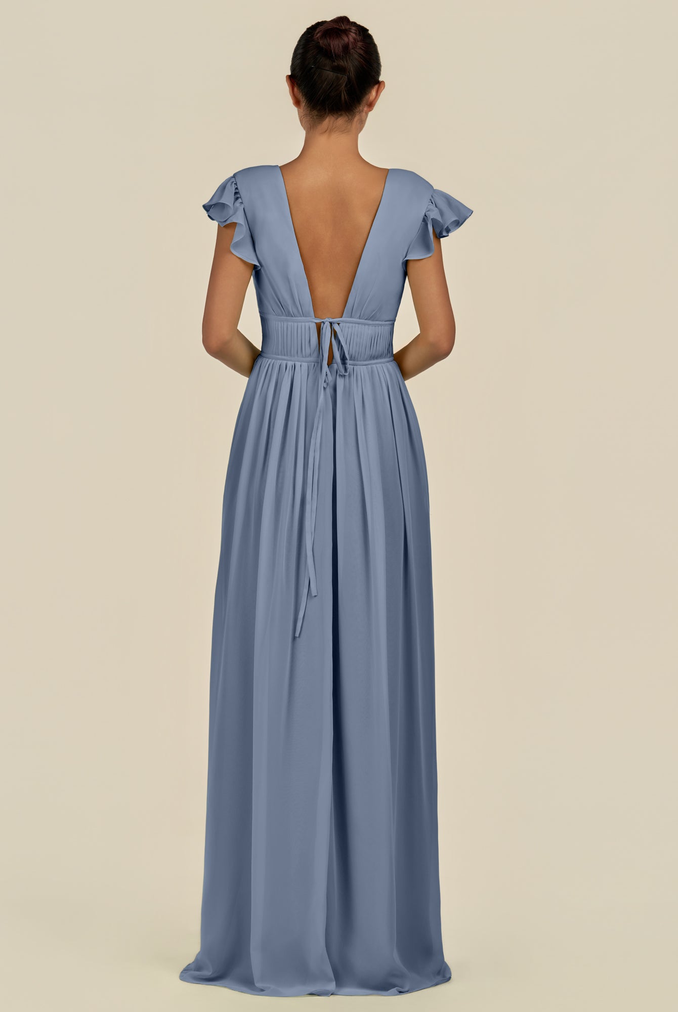KissDress-Fienna Neptune A Line Chiffon Deep V Neck Long Bridesmaid Dress with Flutter Sleeves