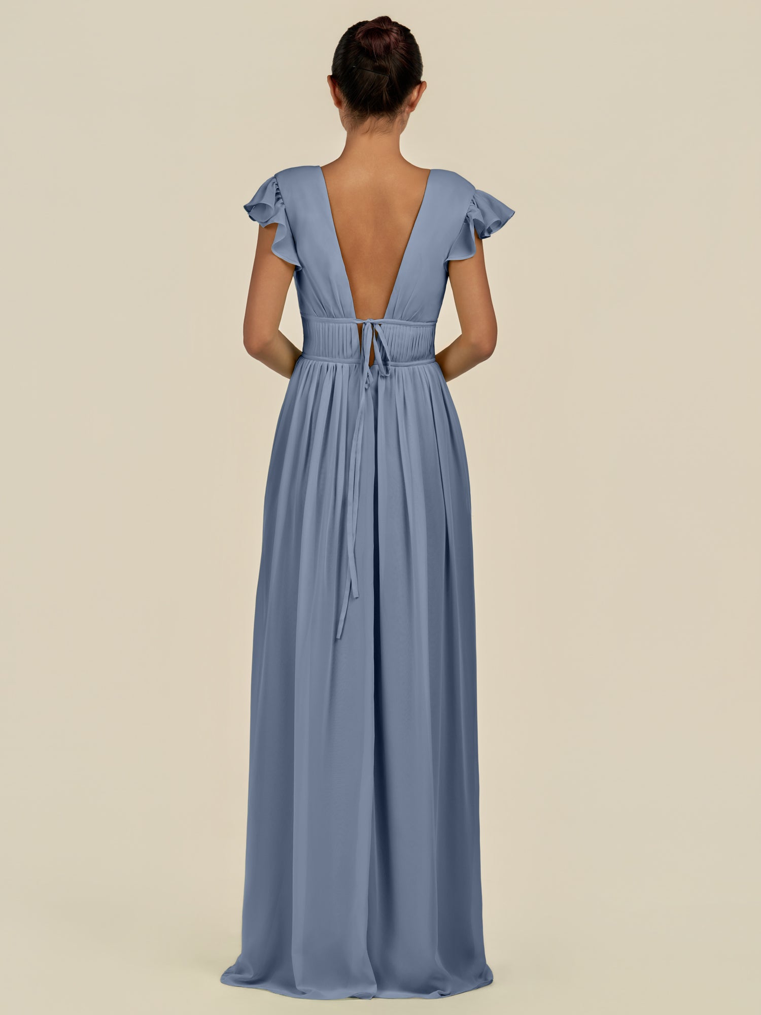 KissDress-Fienna Neptune A Line Chiffon Deep V Neck Long Bridesmaid Dress with Flutter Sleeves
