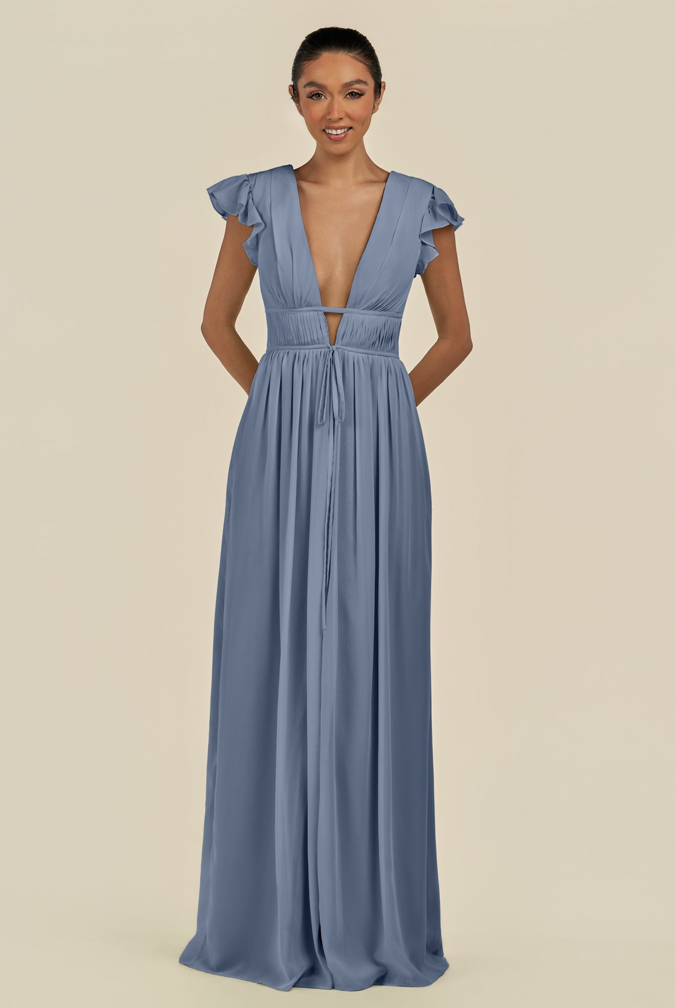 KissDress-Fienna Neptune A Line Chiffon Deep V Neck Long Bridesmaid Dress with Flutter Sleeves