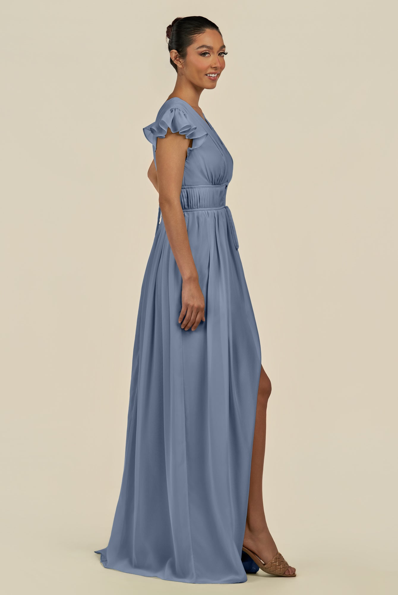 KissDress-Fienna Neptune A Line Chiffon Deep V Neck Long Bridesmaid Dress with Flutter Sleeves