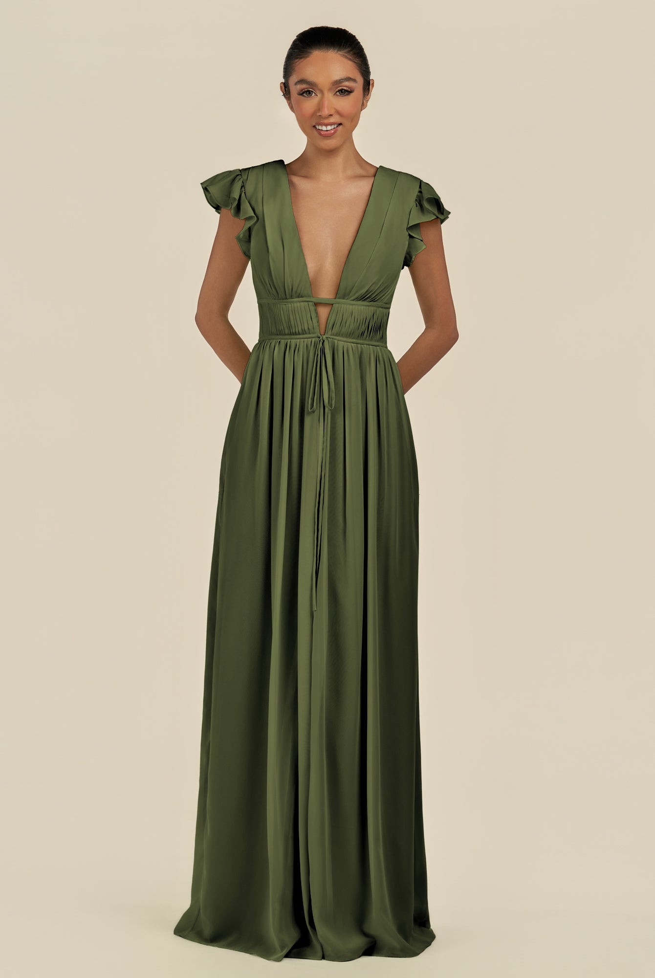 KissDress-Fienna Olive A Line Chiffon Deep V Neck Long Bridesmaid Dress with Flutter Sleeves