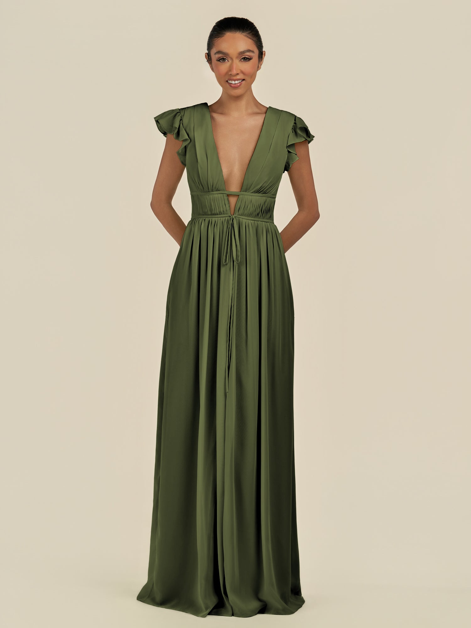 KissDress-Fienna Olive A Line Chiffon Deep V Neck Long Bridesmaid Dress with Flutter Sleeves