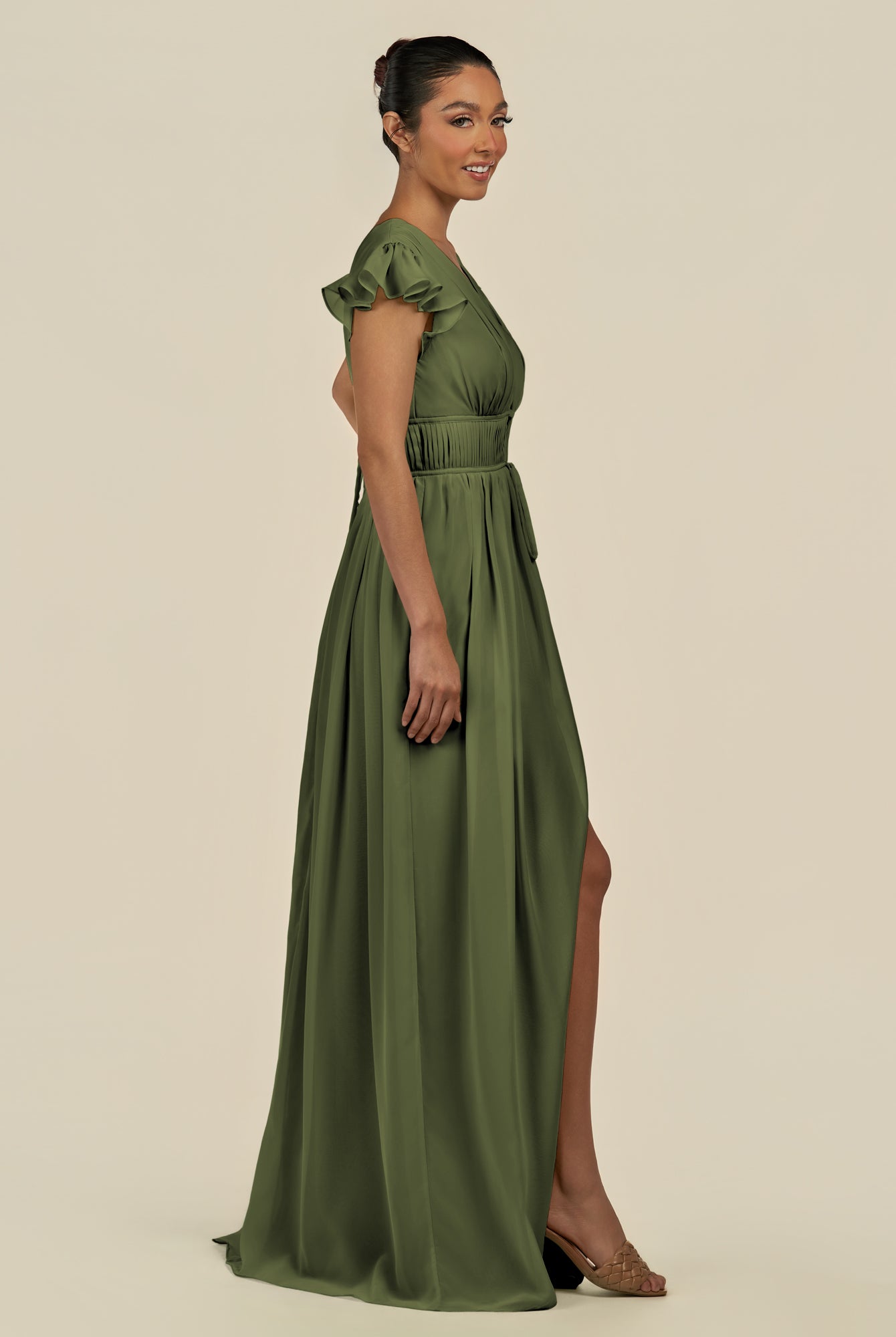 KissDress-Fienna Olive A Line Chiffon Deep V Neck Long Bridesmaid Dress with Flutter Sleeves