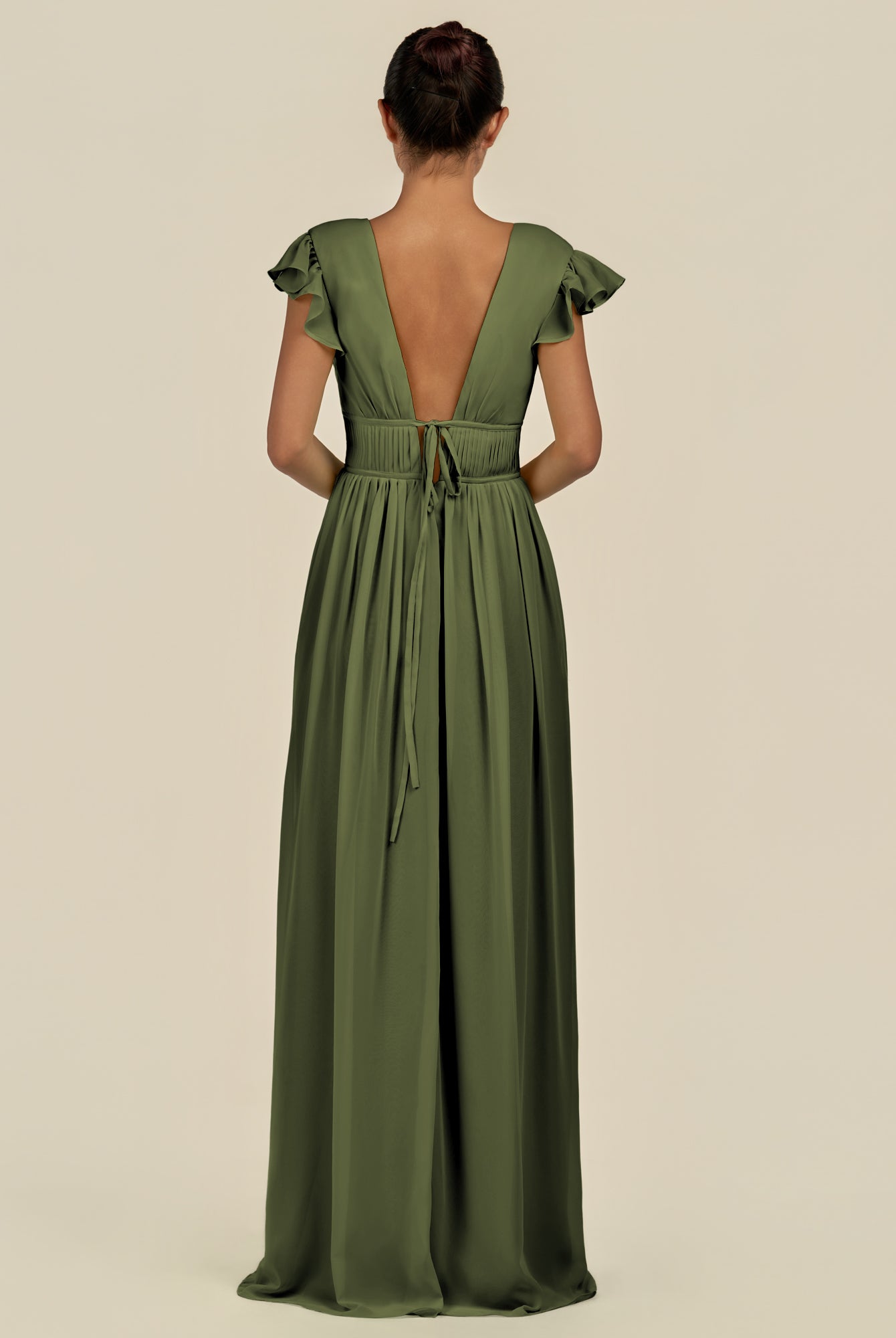 KissDress-Fienna Olive A Line Chiffon Deep V Neck Long Bridesmaid Dress with Flutter Sleeves