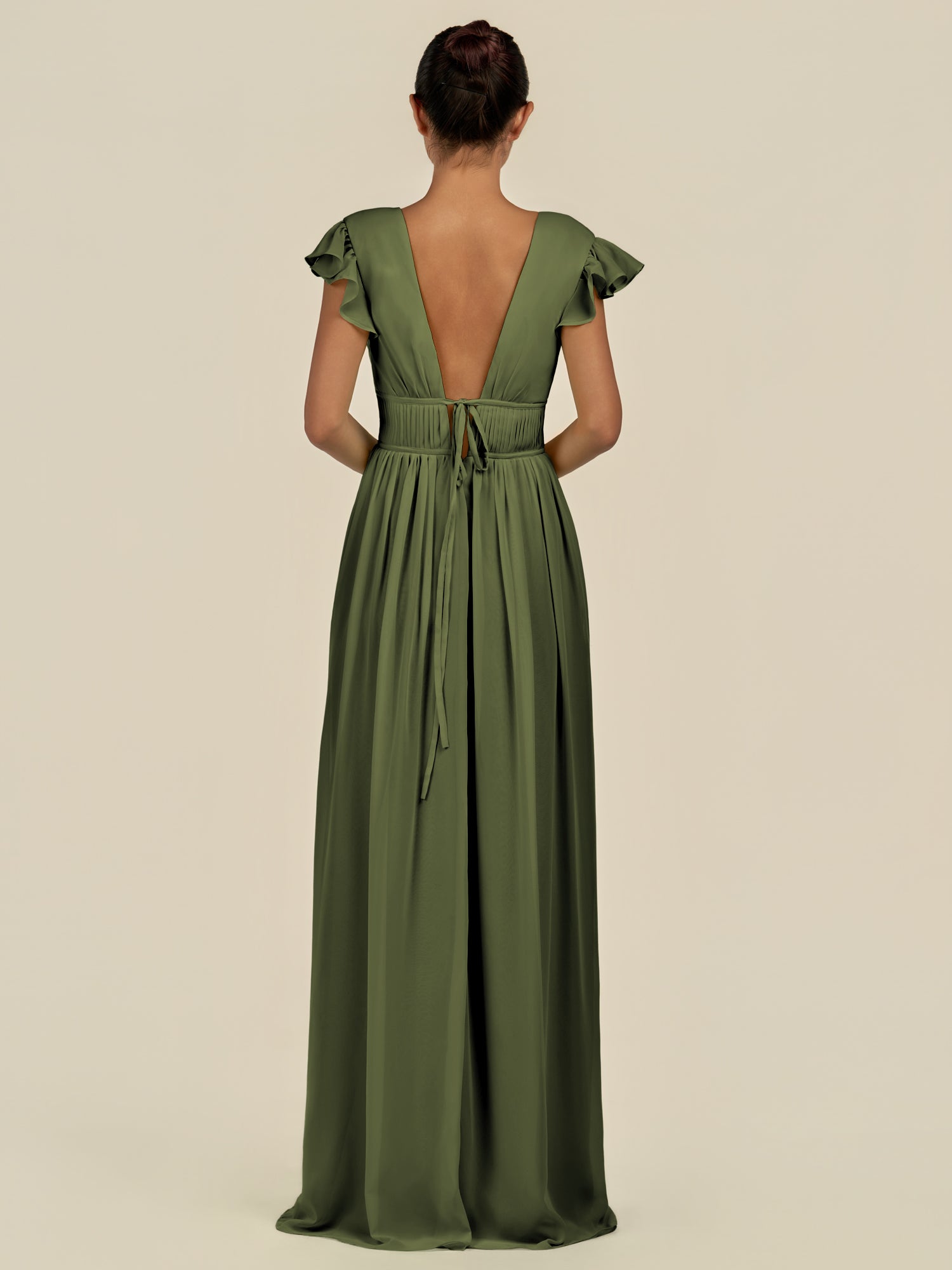 KissDress-Fienna Olive A Line Chiffon Deep V Neck Long Bridesmaid Dress with Flutter Sleeves