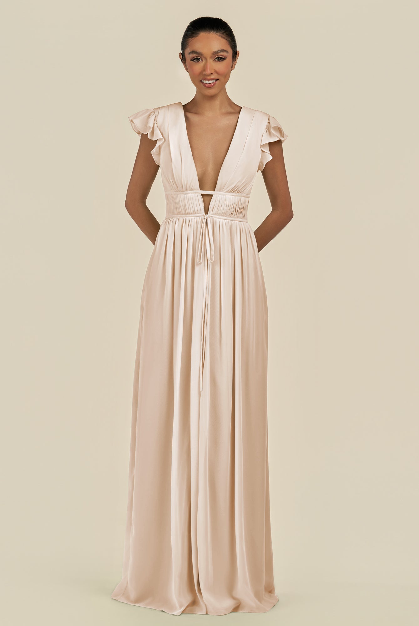 KissDress-Fienna Pale Blush A Line Chiffon Deep V Neck Long Bridesmaid Dress with Flutter Sleeves