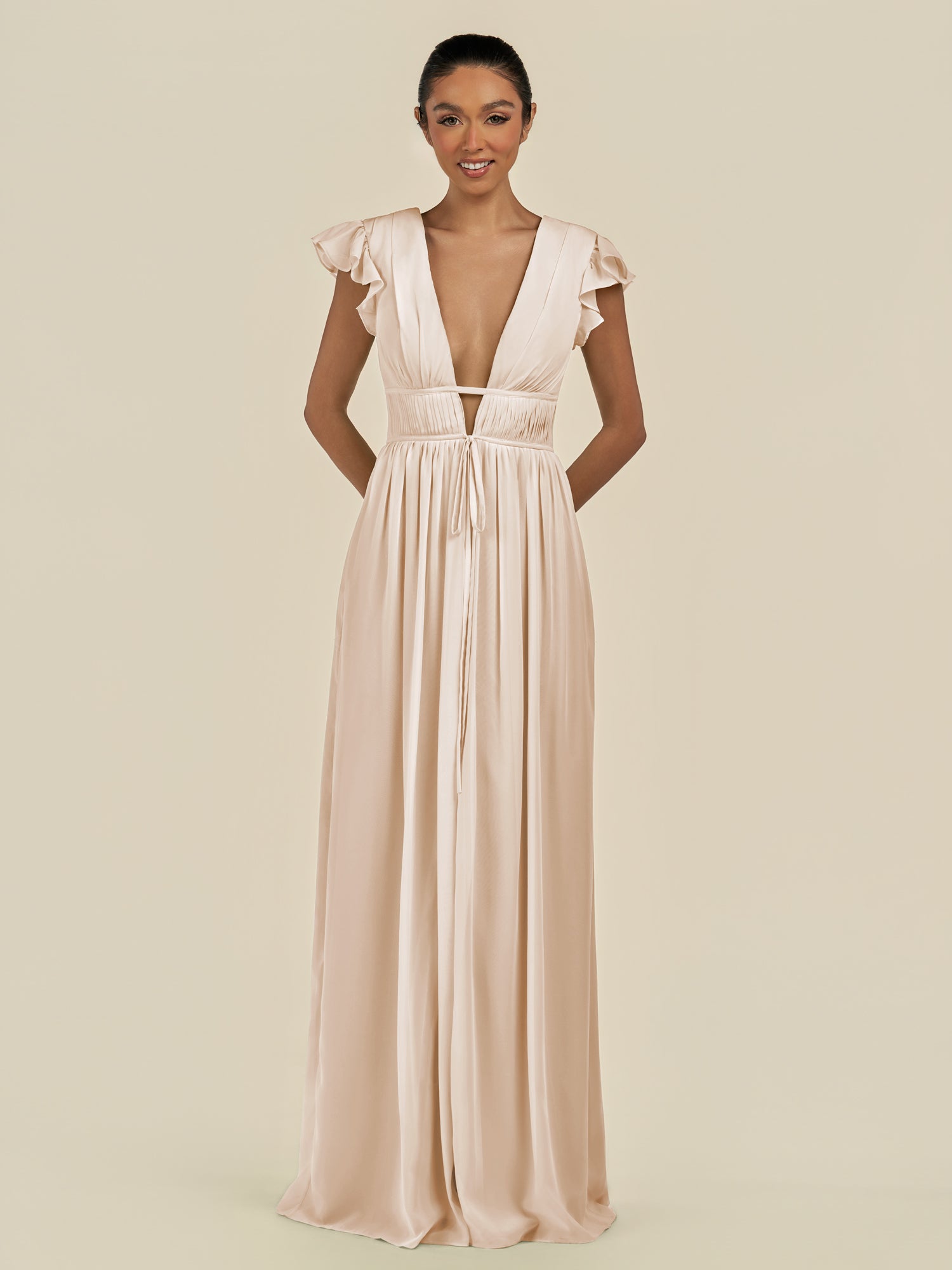 KissDress-Fienna Pale Blush A Line Chiffon Deep V Neck Long Bridesmaid Dress with Flutter Sleeves