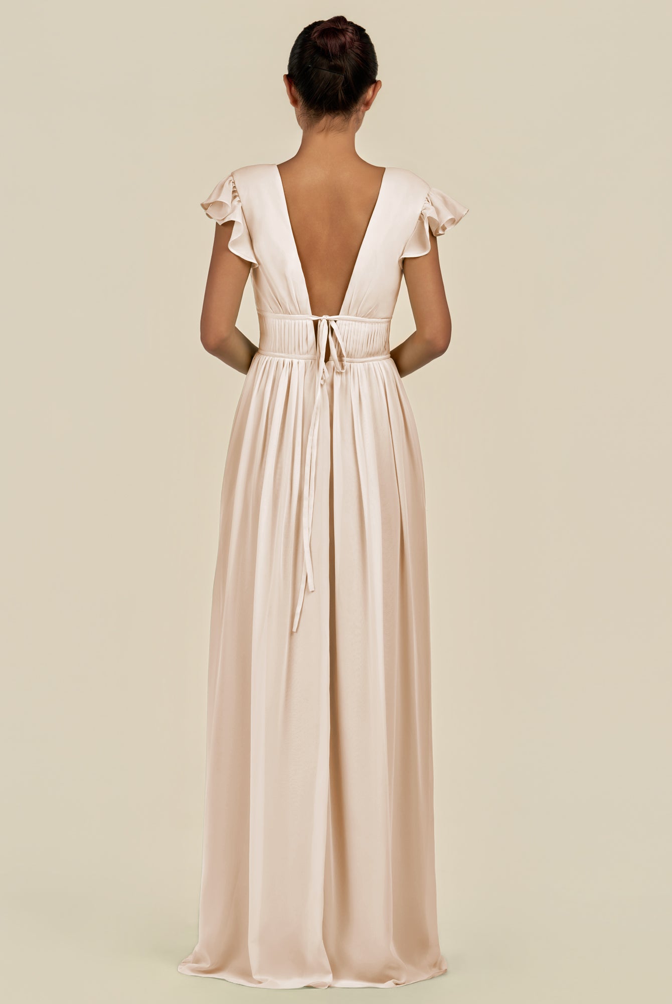 KissDress-Fienna Pale Blush A Line Chiffon Deep V Neck Long Bridesmaid Dress with Flutter Sleeves