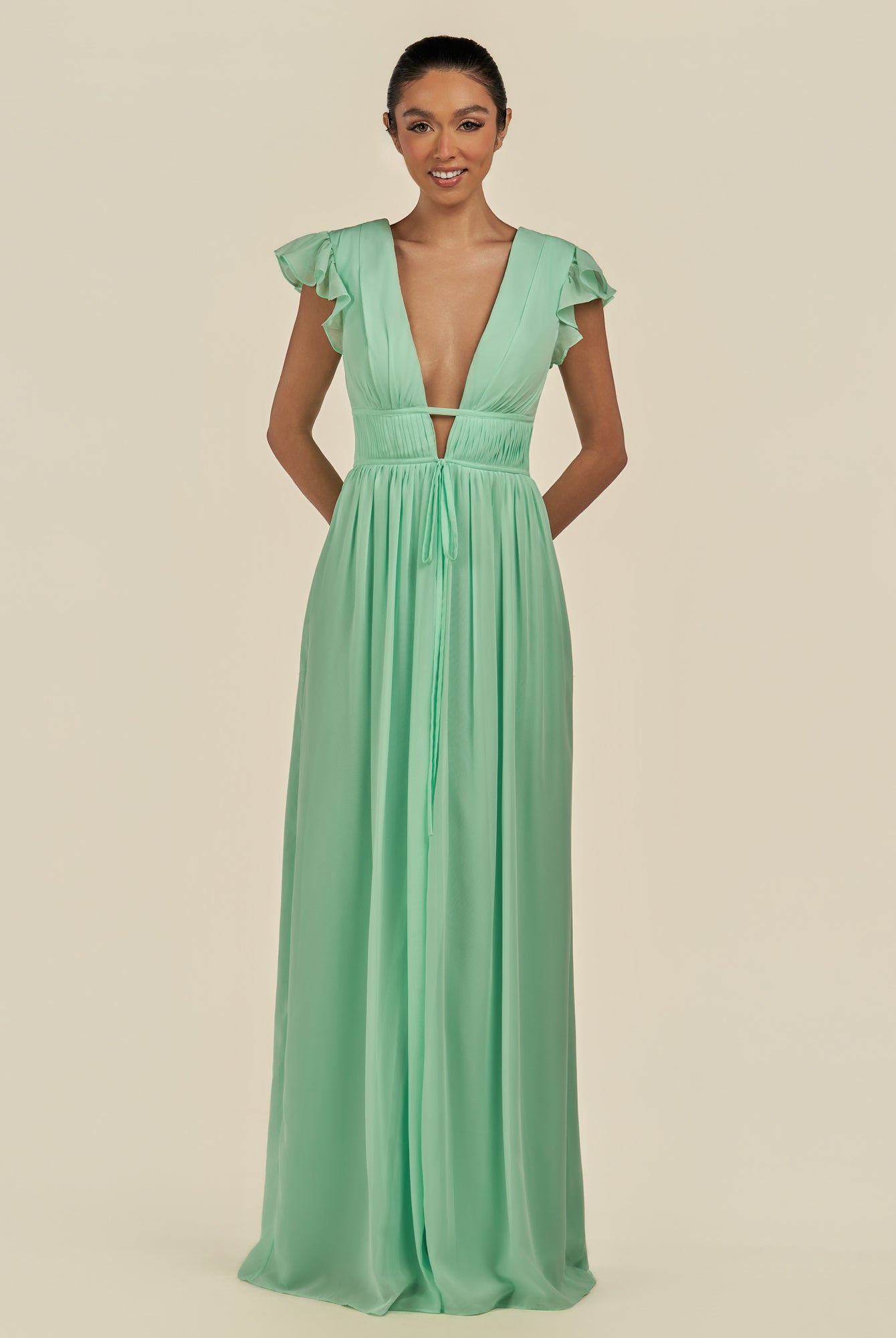 KissDress-Fienna Pale Pistachio A Line Chiffon Deep V Neck Long Bridesmaid Dress with Flutter Sleeves