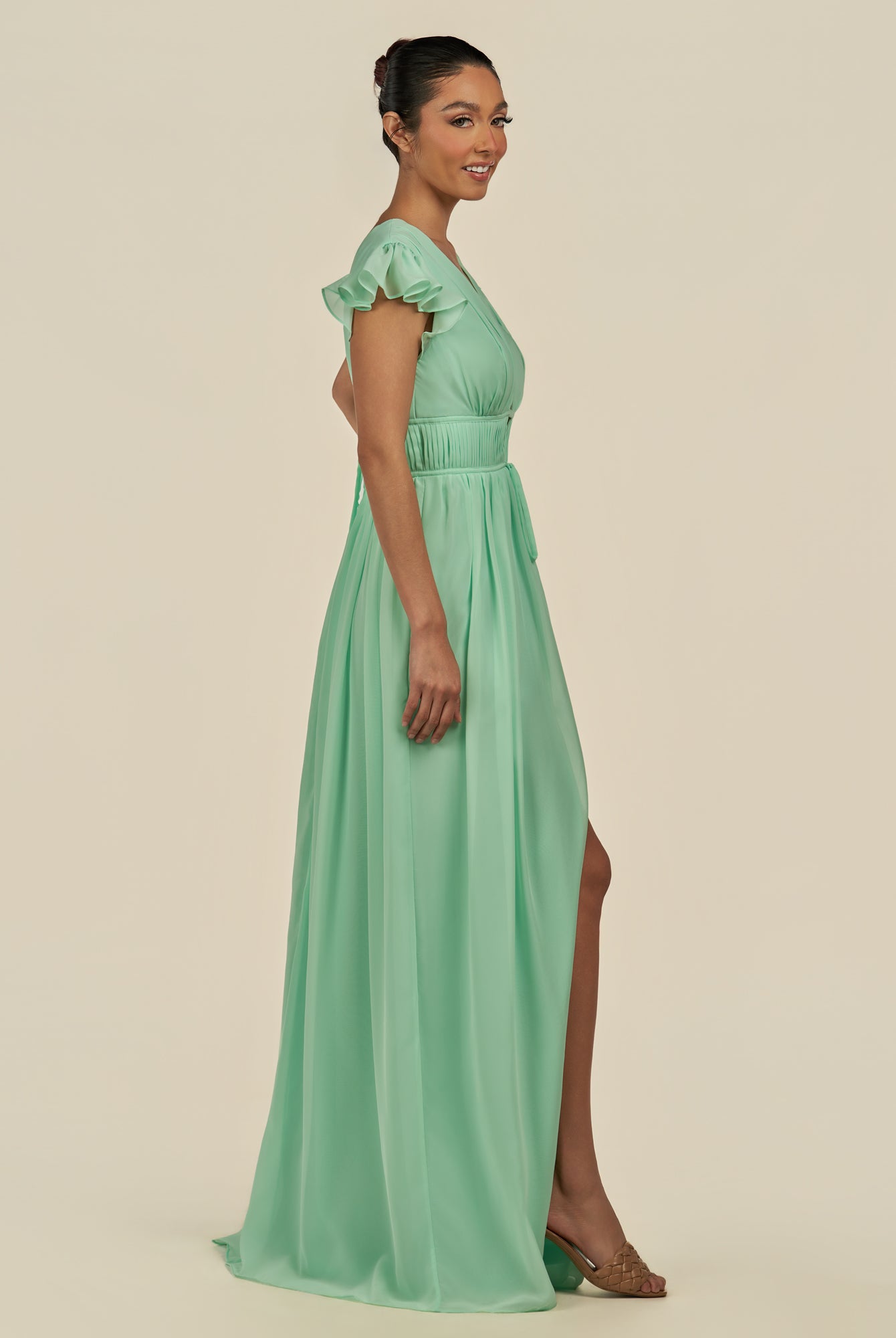 KissDress-Fienna Pale Pistachio A Line Chiffon Deep V Neck Long Bridesmaid Dress with Flutter Sleeves