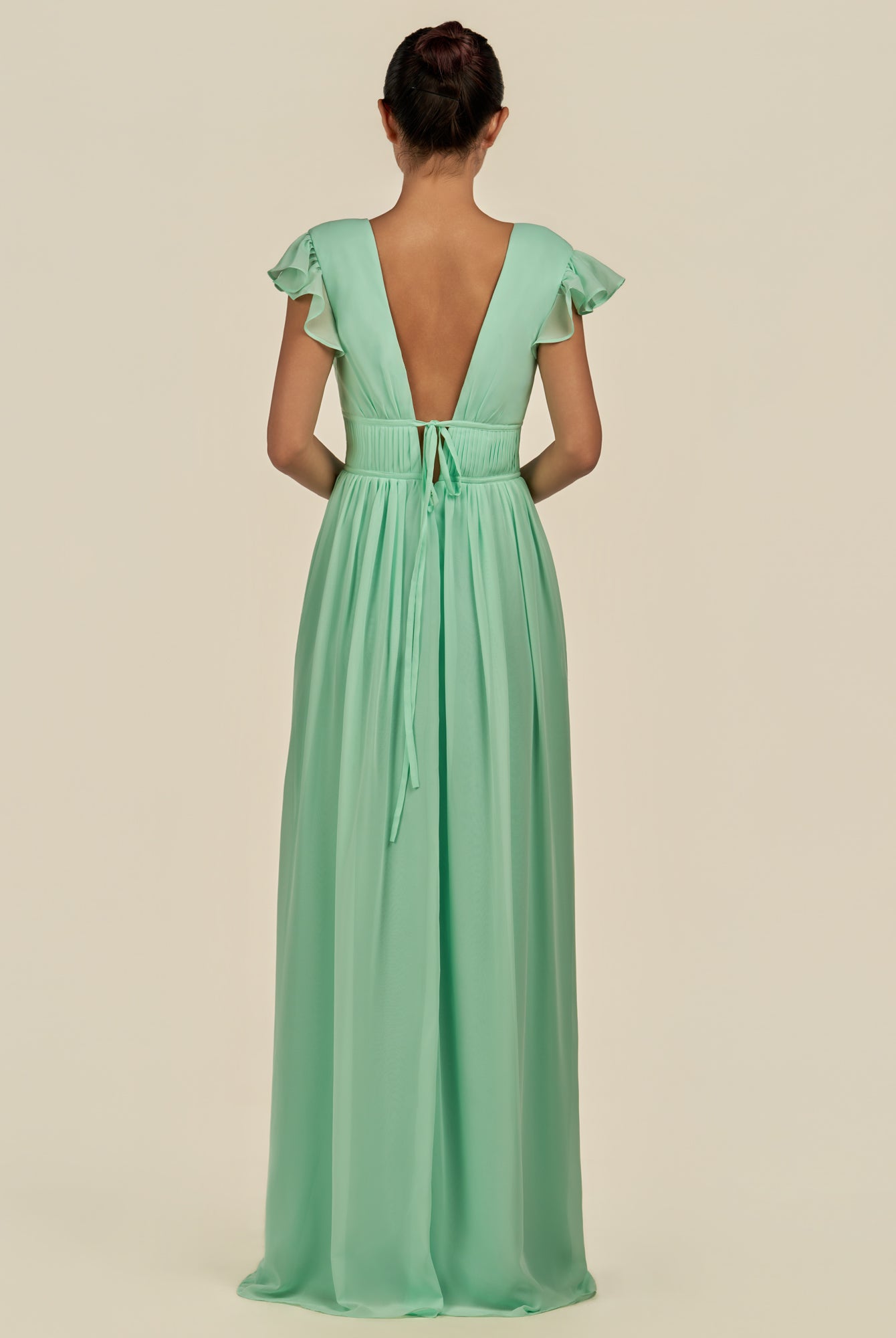KissDress-Fienna Pale Pistachio A Line Chiffon Deep V Neck Long Bridesmaid Dress with Flutter Sleeves