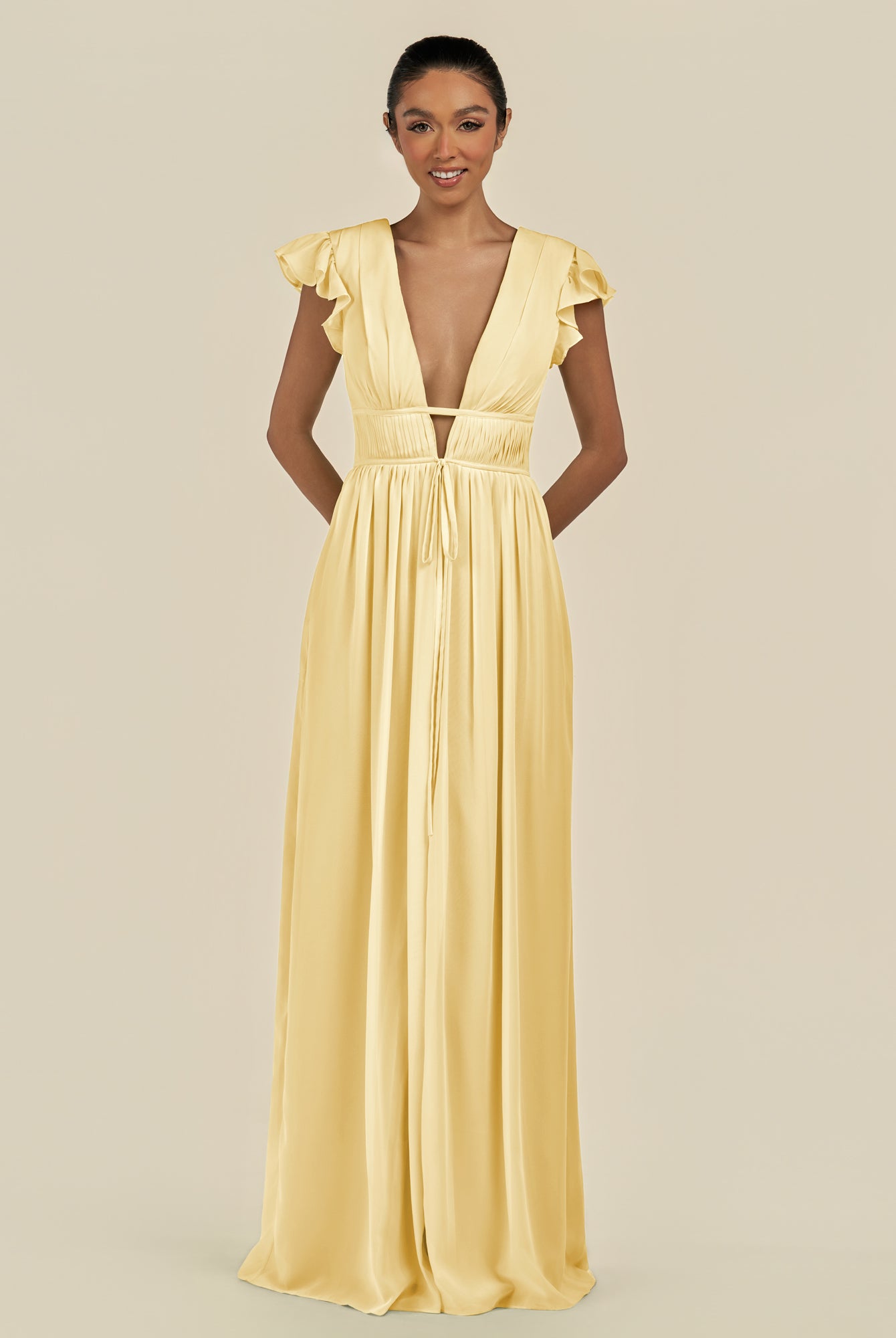 KissDress-Fienna Pastel Yellow A Line Chiffon Deep V Neck Long Bridesmaid Dress with Flutter Sleeves