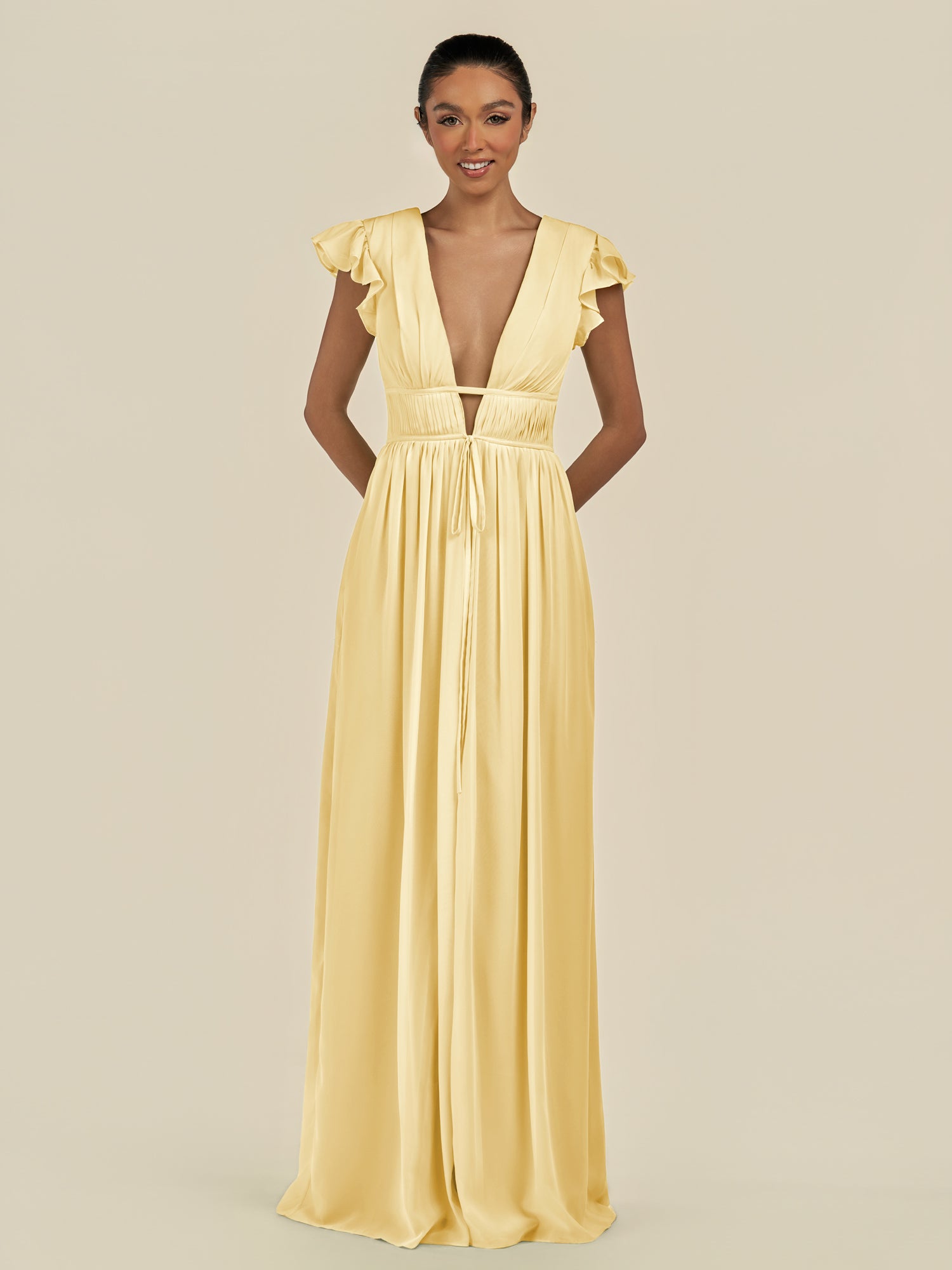 KissDress-Fienna Pastel Yellow A Line Chiffon Deep V Neck Long Bridesmaid Dress with Flutter Sleeves