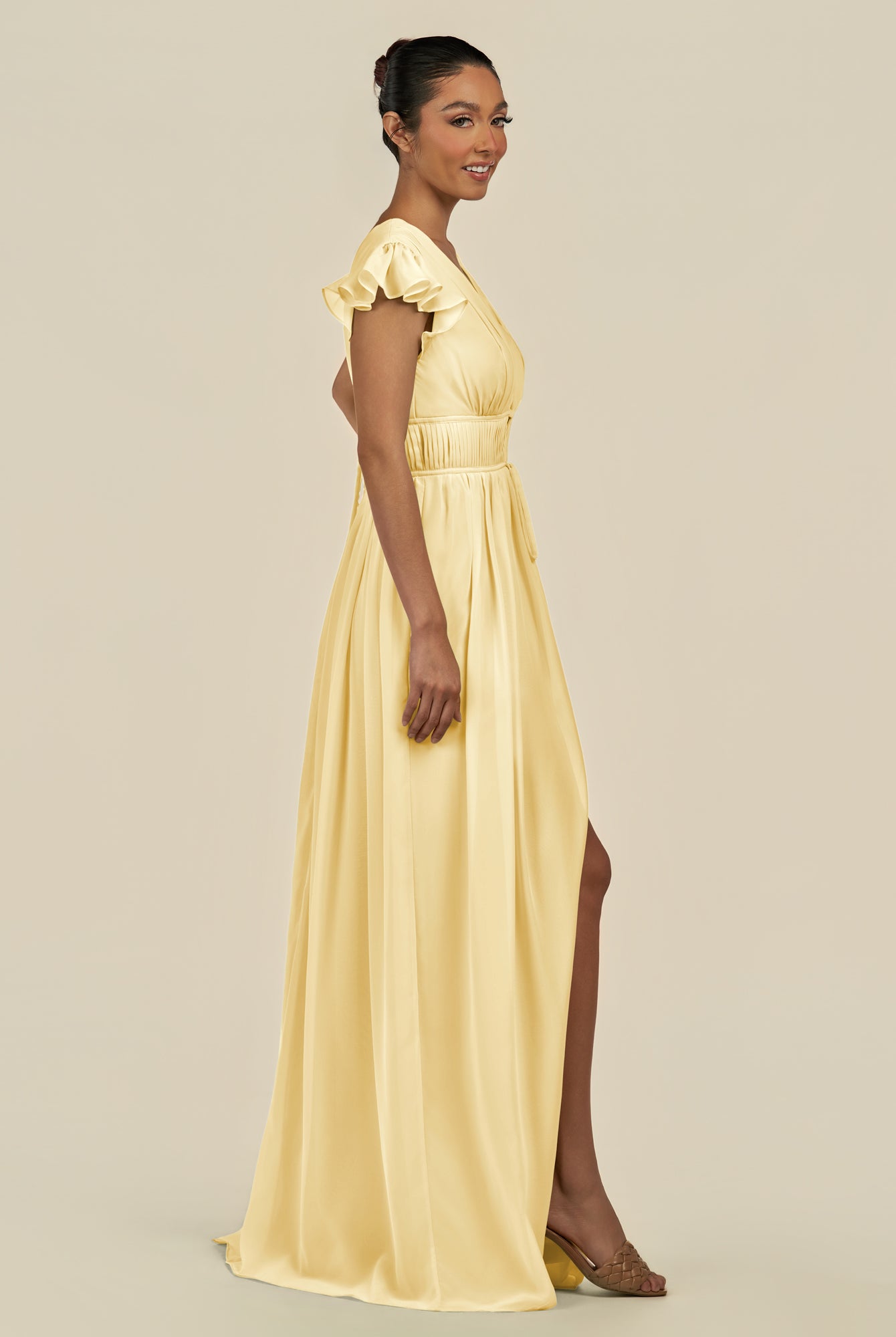 KissDress-Fienna Pastel Yellow A Line Chiffon Deep V Neck Long Bridesmaid Dress with Flutter Sleeves