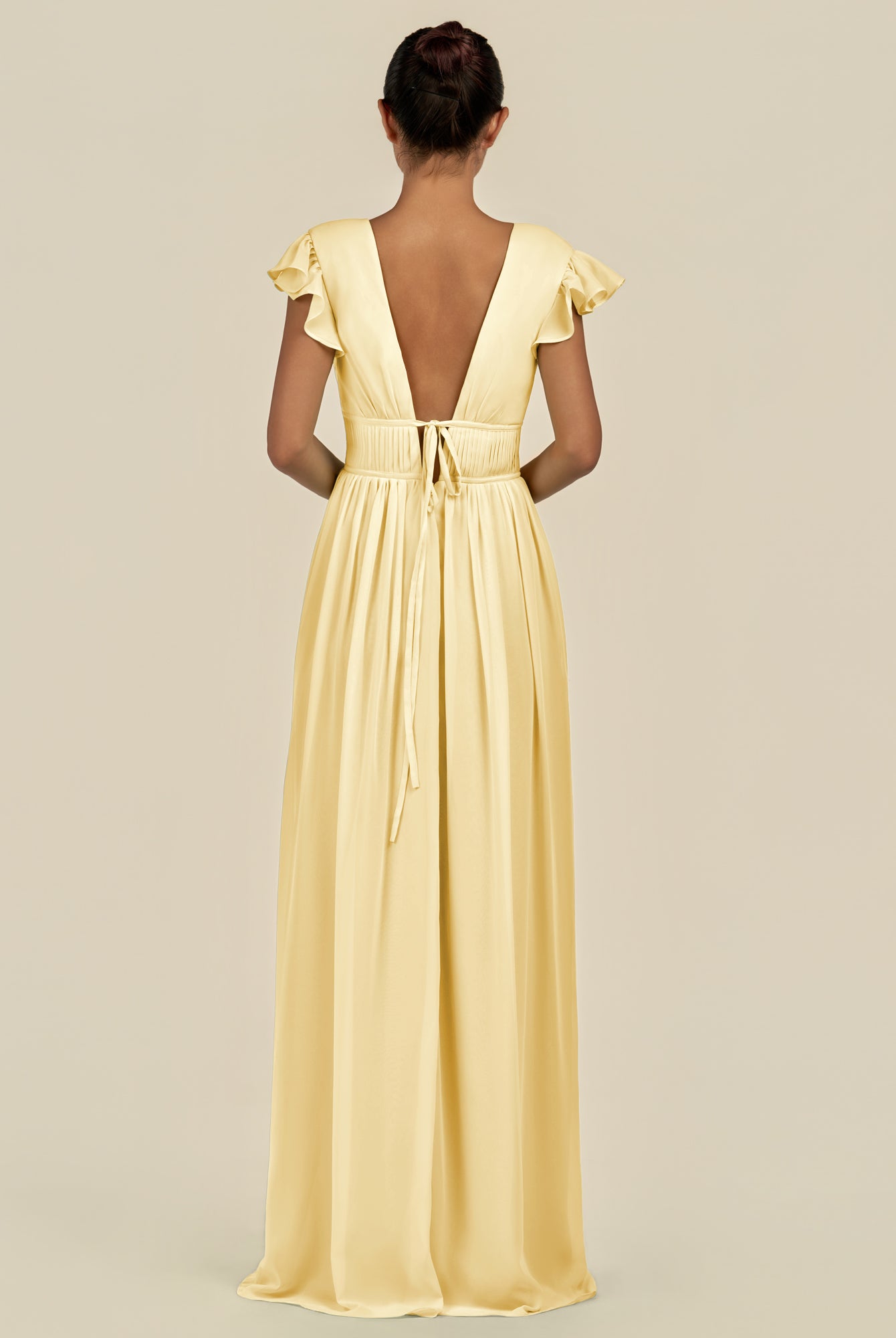 KissDress-Fienna Pastel Yellow A Line Chiffon Deep V Neck Long Bridesmaid Dress with Flutter Sleeves