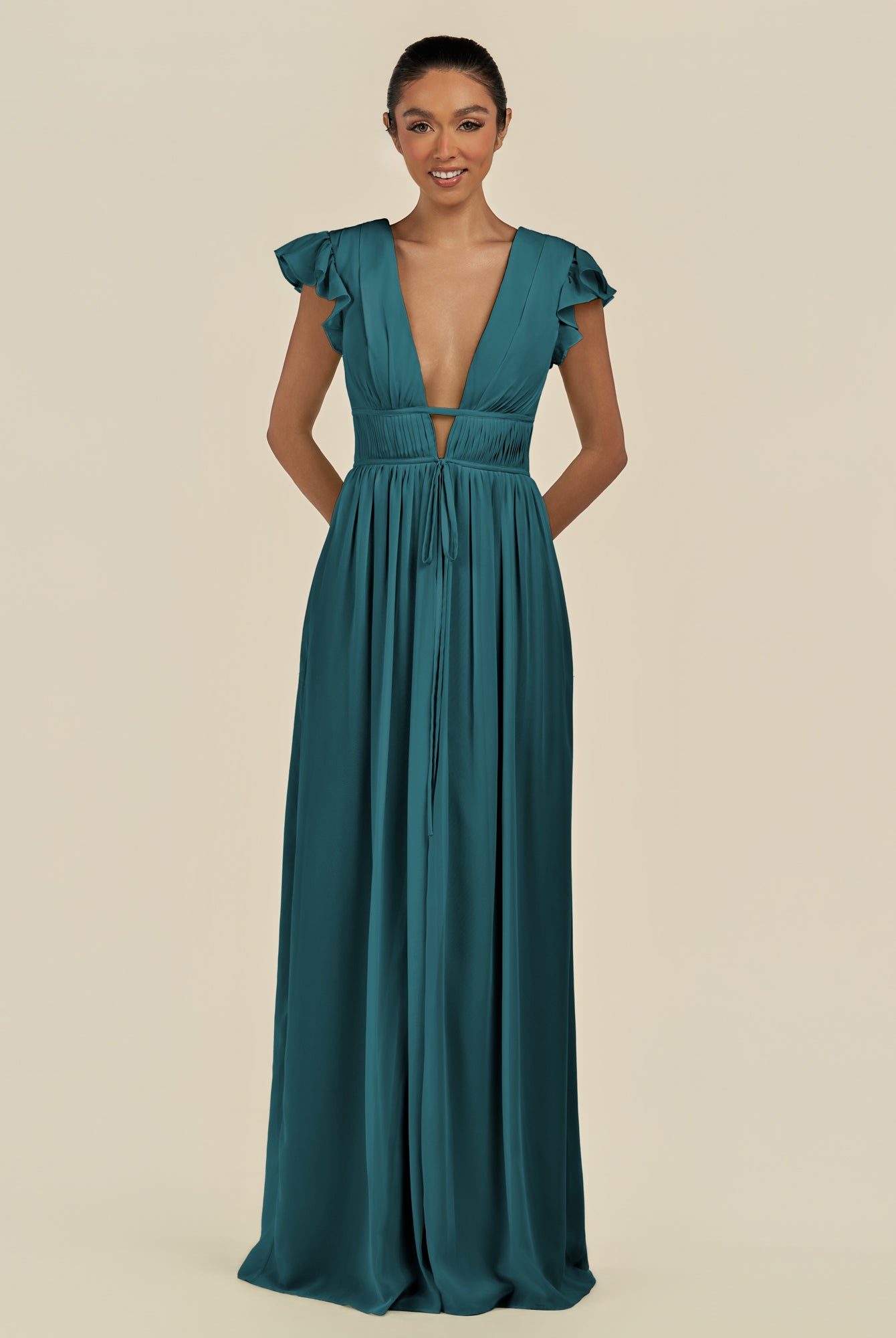 KissDress-Fienna Pine A Line Chiffon Deep V Neck Long Bridesmaid Dress with Flutter Sleeves