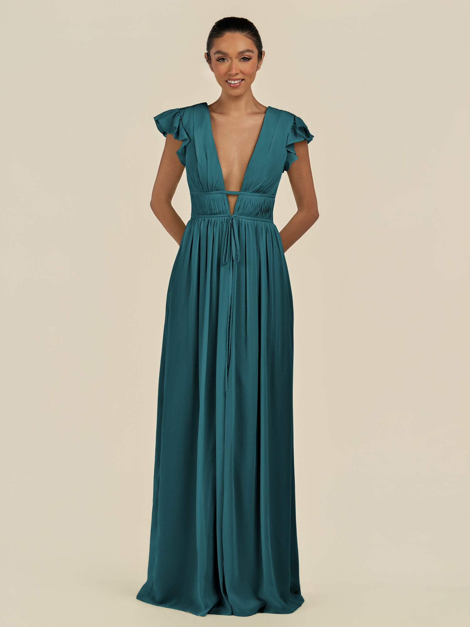 KissDress-Fienna Pine A Line Chiffon Deep V Neck Long Bridesmaid Dress with Flutter Sleeves