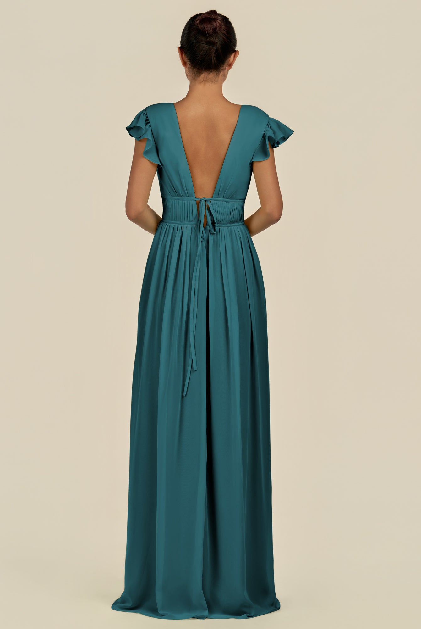 KissDress-Fienna Pine A Line Chiffon Deep V Neck Long Bridesmaid Dress with Flutter Sleeves