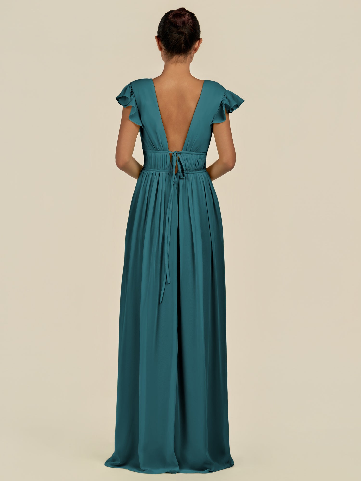 KissDress-Fienna Pine A Line Chiffon Deep V Neck Long Bridesmaid Dress with Flutter Sleeves