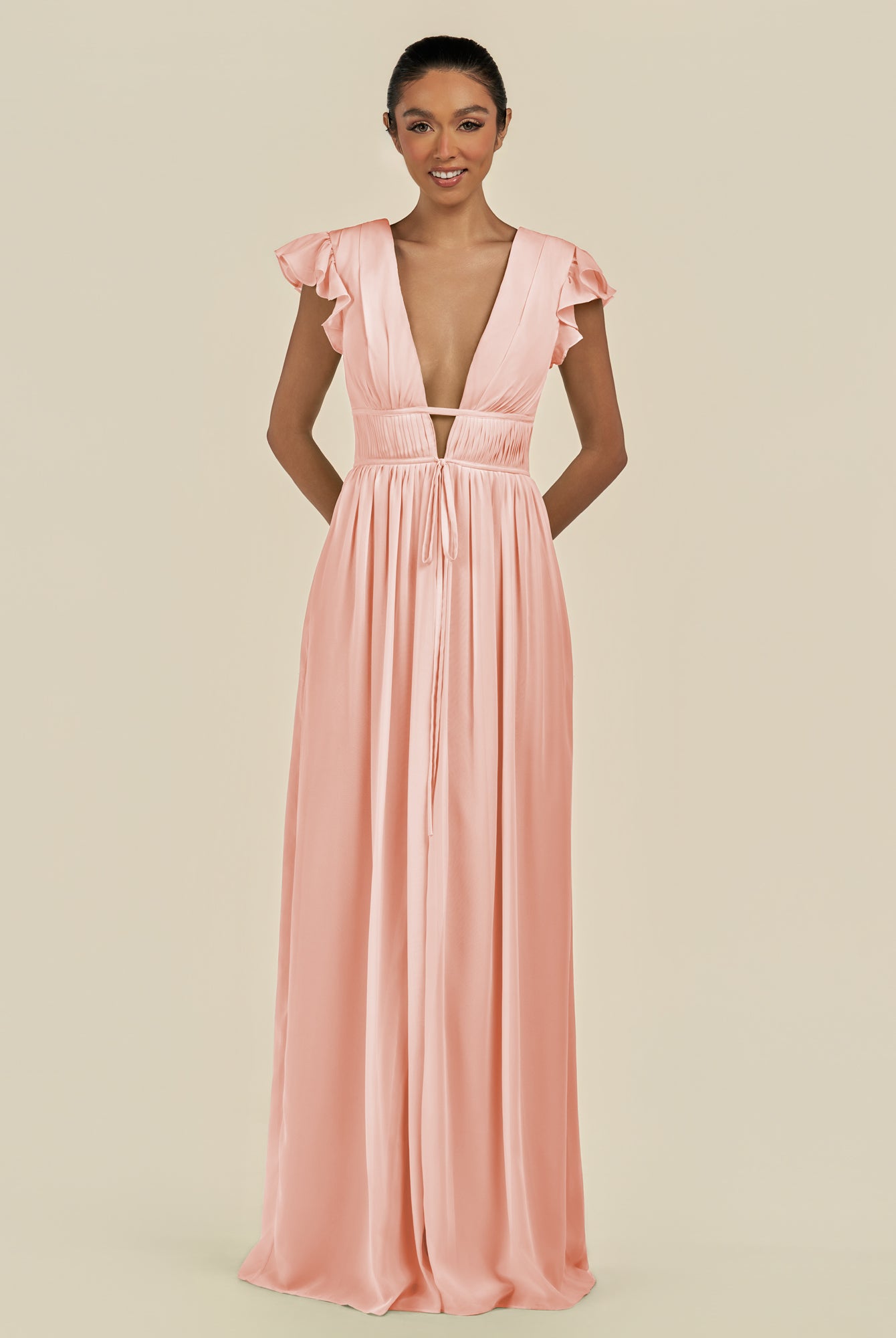 KissDress-Fienna Rose Petal A Line Chiffon Deep V Neck Long Bridesmaid Dress with Flutter Sleeves