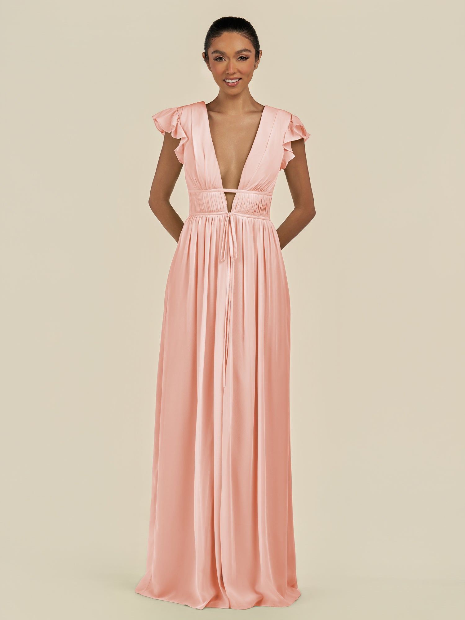 KissDress-Fienna Rose Petal A Line Chiffon Deep V Neck Long Bridesmaid Dress with Flutter Sleeves