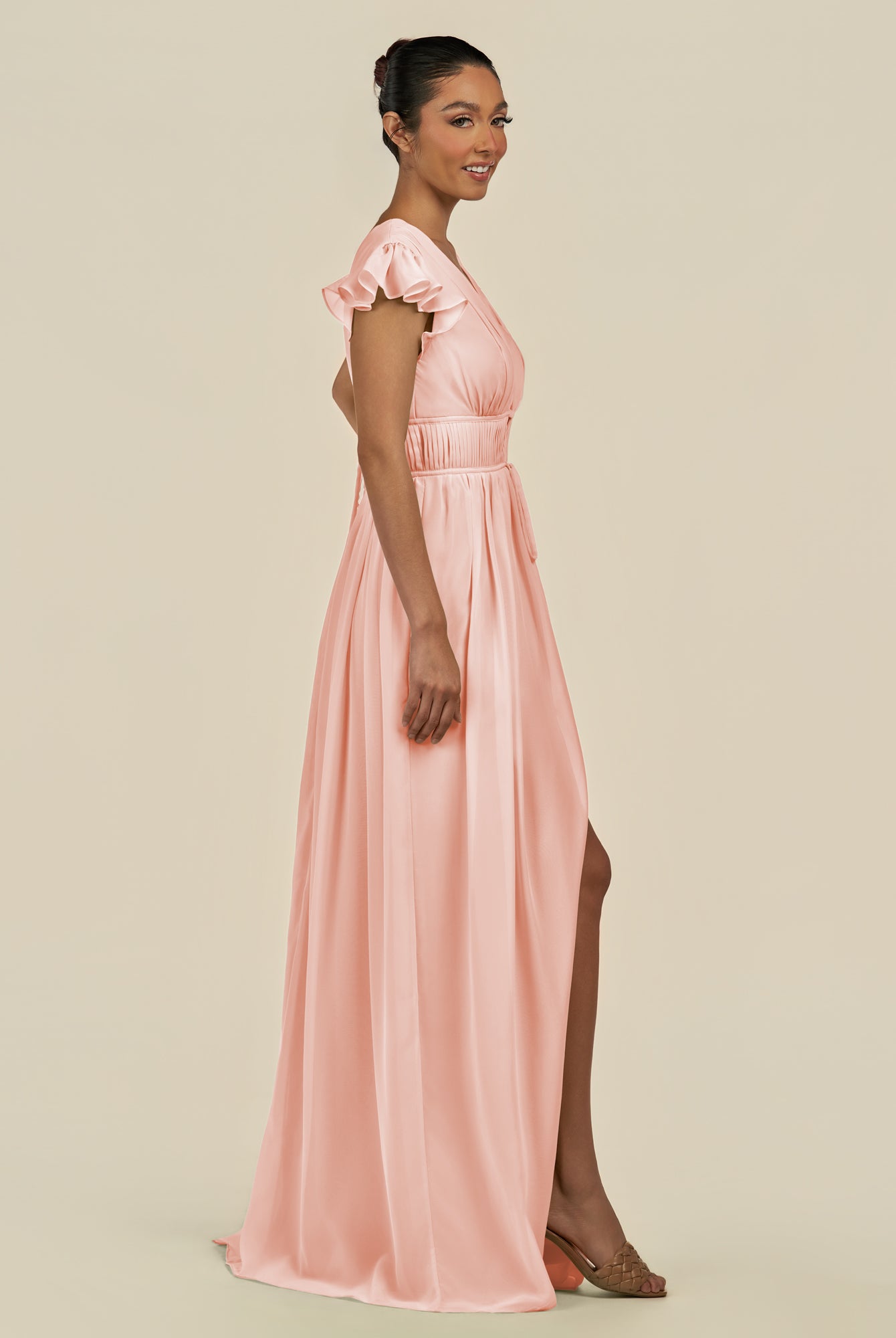 KissDress-Fienna Rose Petal A Line Chiffon Deep V Neck Long Bridesmaid Dress with Flutter Sleeves