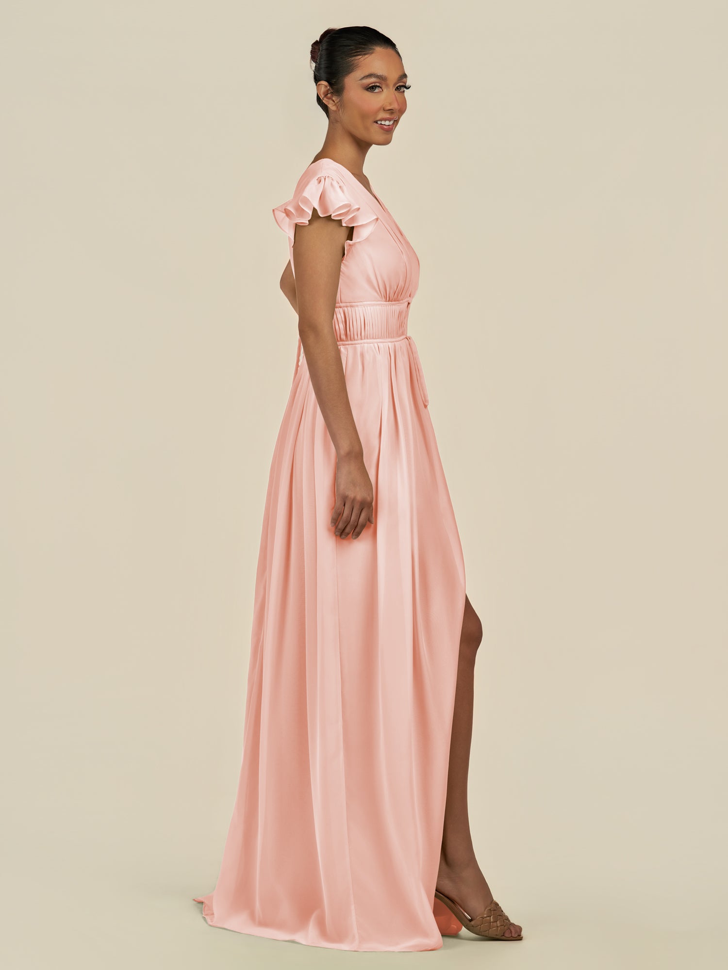 KissDress-Fienna Rose Petal A Line Chiffon Deep V Neck Long Bridesmaid Dress with Flutter Sleeves