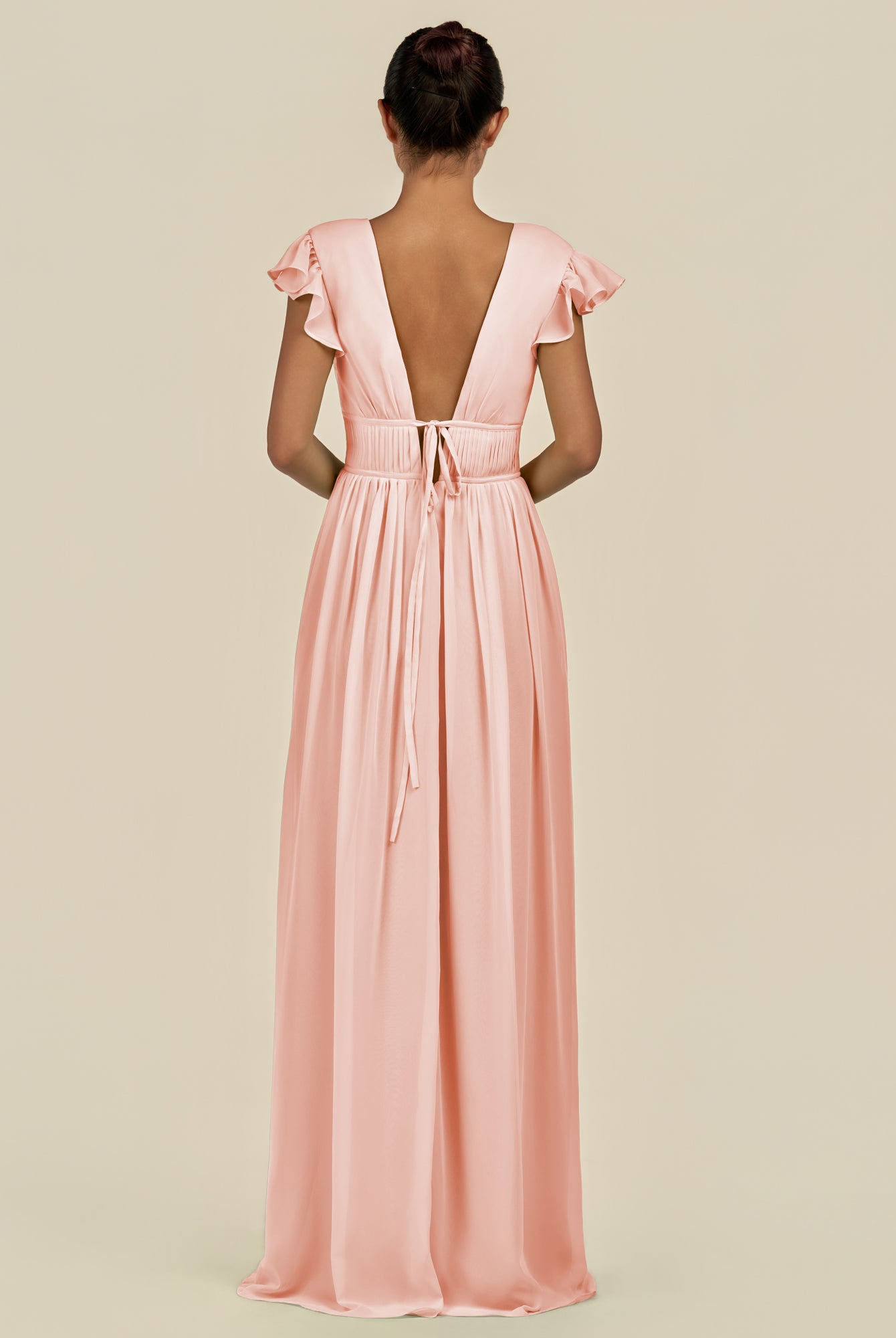 KissDress-Fienna Rose Petal A Line Chiffon Deep V Neck Long Bridesmaid Dress with Flutter Sleeves