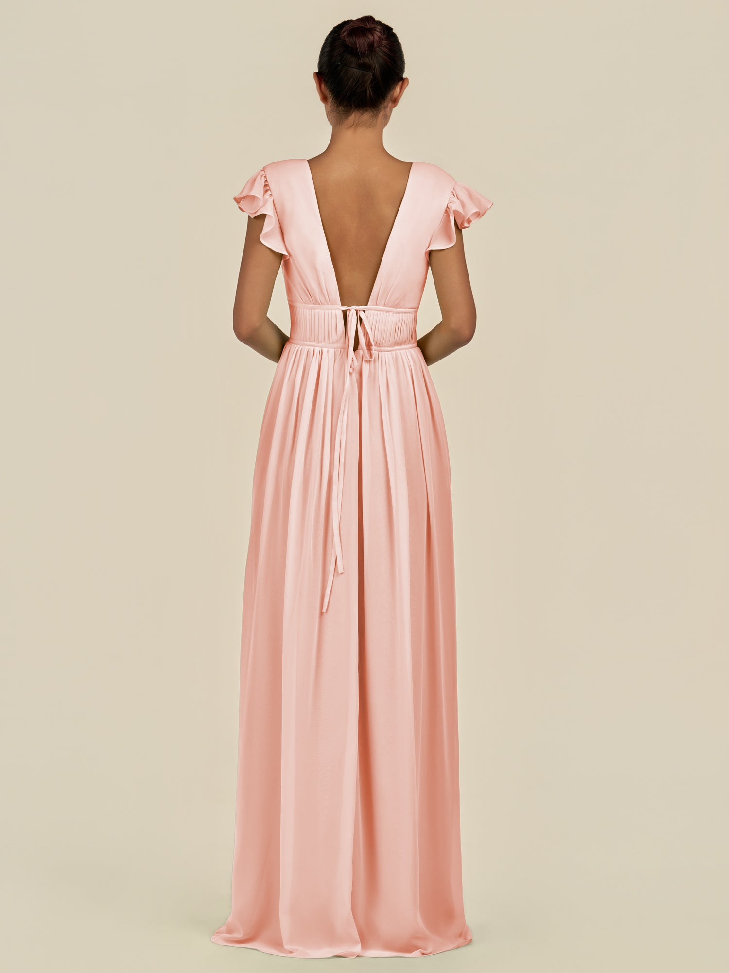 KissDress-Fienna Rose Petal A Line Chiffon Deep V Neck Long Bridesmaid Dress with Flutter Sleeves