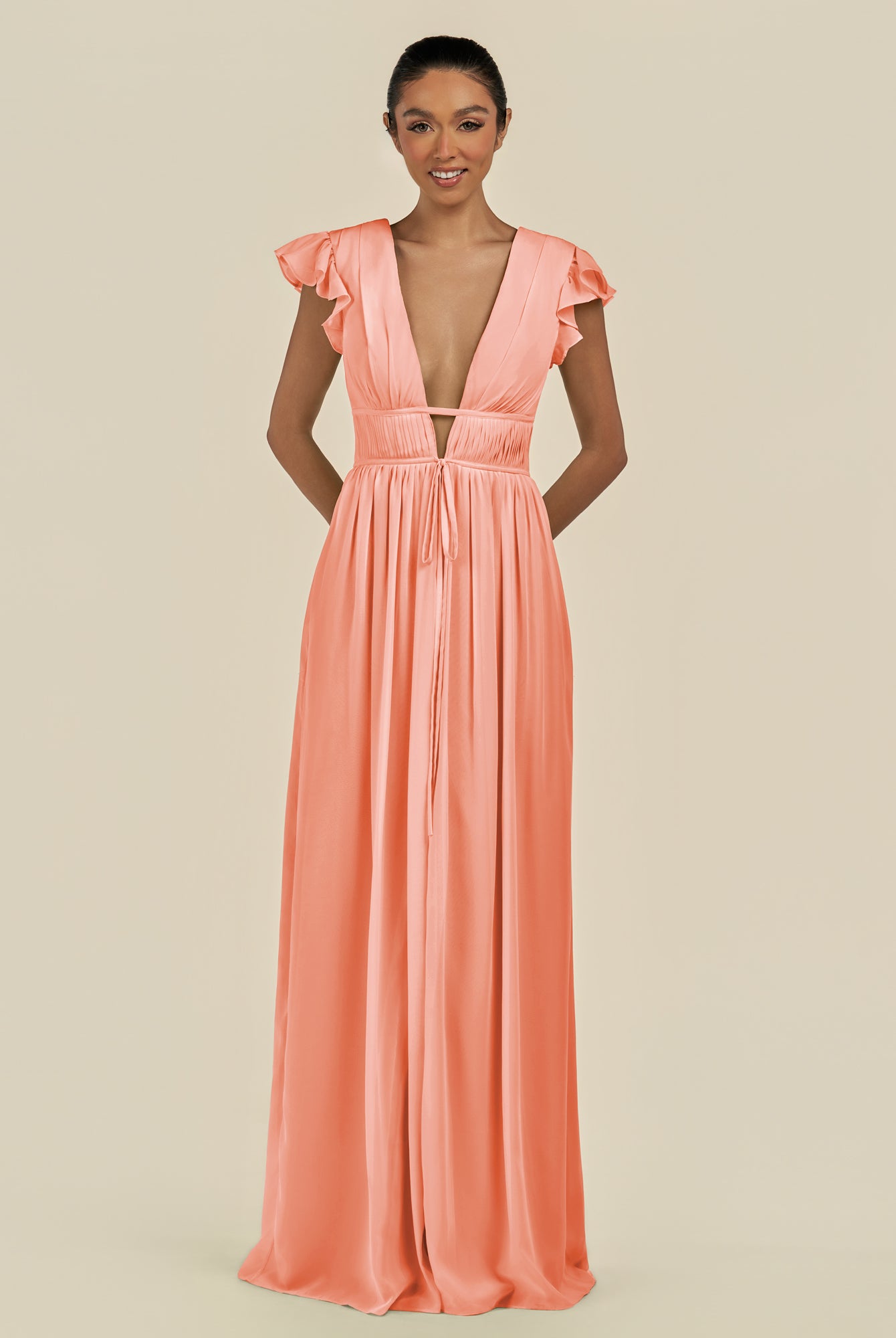 KissDress-Fienna Rosette A Line Chiffon Deep V Neck Long Bridesmaid Dress with Flutter Sleeves