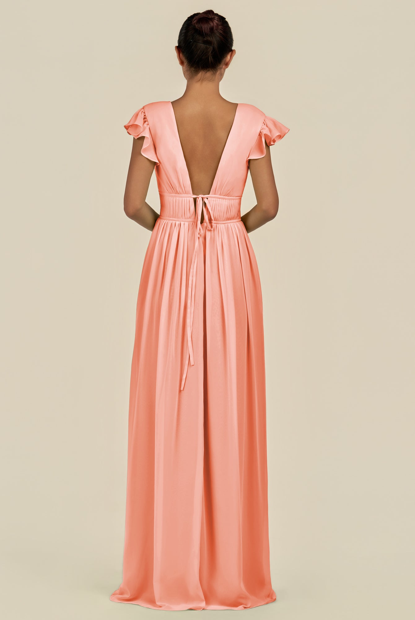 KissDress-Fienna Rosette A Line Chiffon Deep V Neck Long Bridesmaid Dress with Flutter Sleeves
