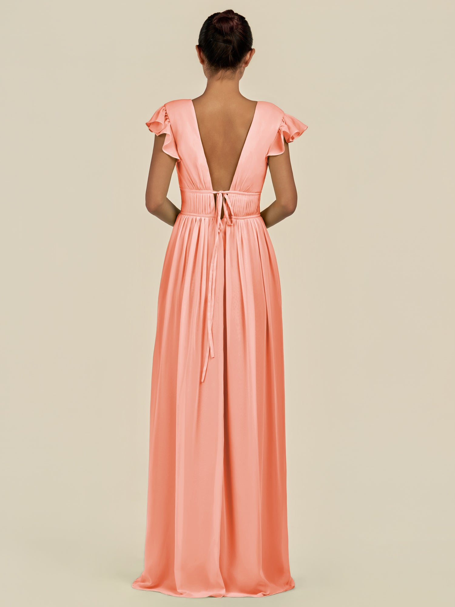 KissDress-Fienna Rosette A Line Chiffon Deep V Neck Long Bridesmaid Dress with Flutter Sleeves
