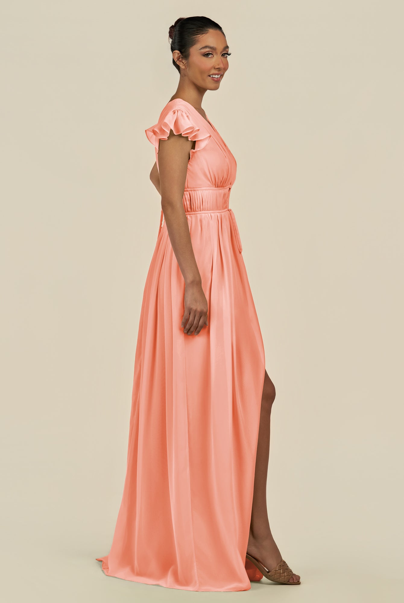 KissDress-Fienna Rosette A Line Chiffon Deep V Neck Long Bridesmaid Dress with Flutter Sleeves