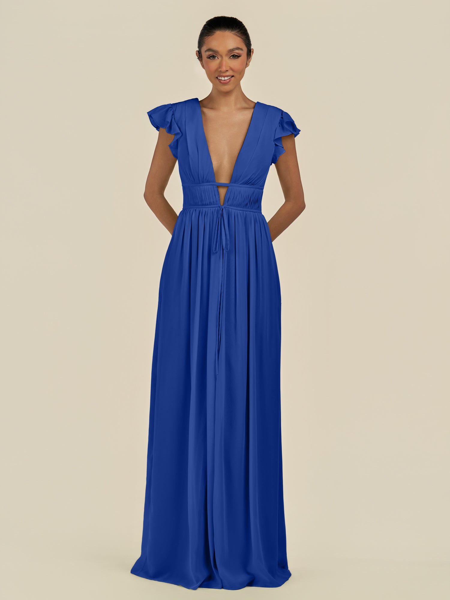 KissDress-Fienna Royal Blue A Line Chiffon Deep V Neck Long Bridesmaid Dress with Flutter Sleeves