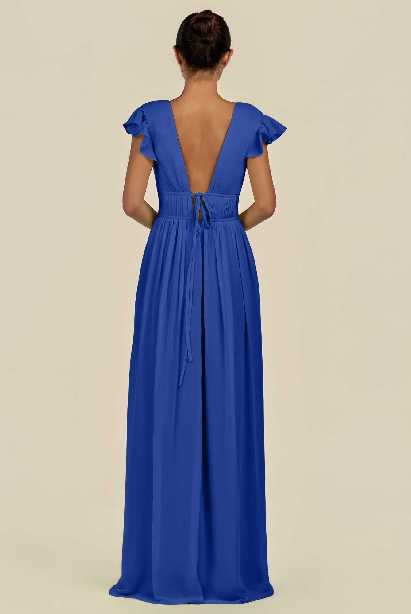 KissDress-Fienna Royal Blue A Line Chiffon Deep V Neck Long Bridesmaid Dress with Flutter Sleeves