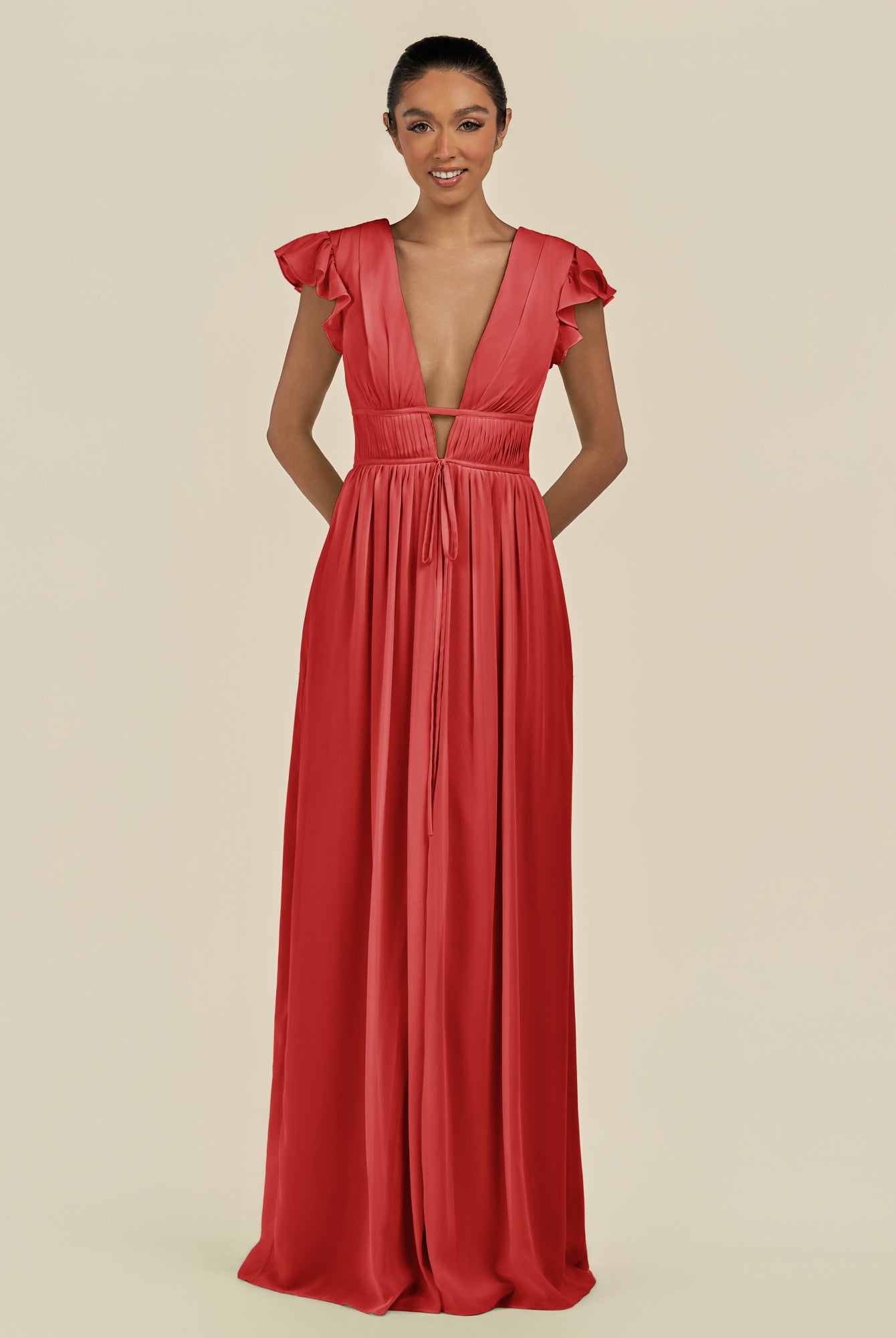 KissDress-Fienna Ruby Red A Line Chiffon Deep V Neck Long Bridesmaid Dress with Flutter Sleeves