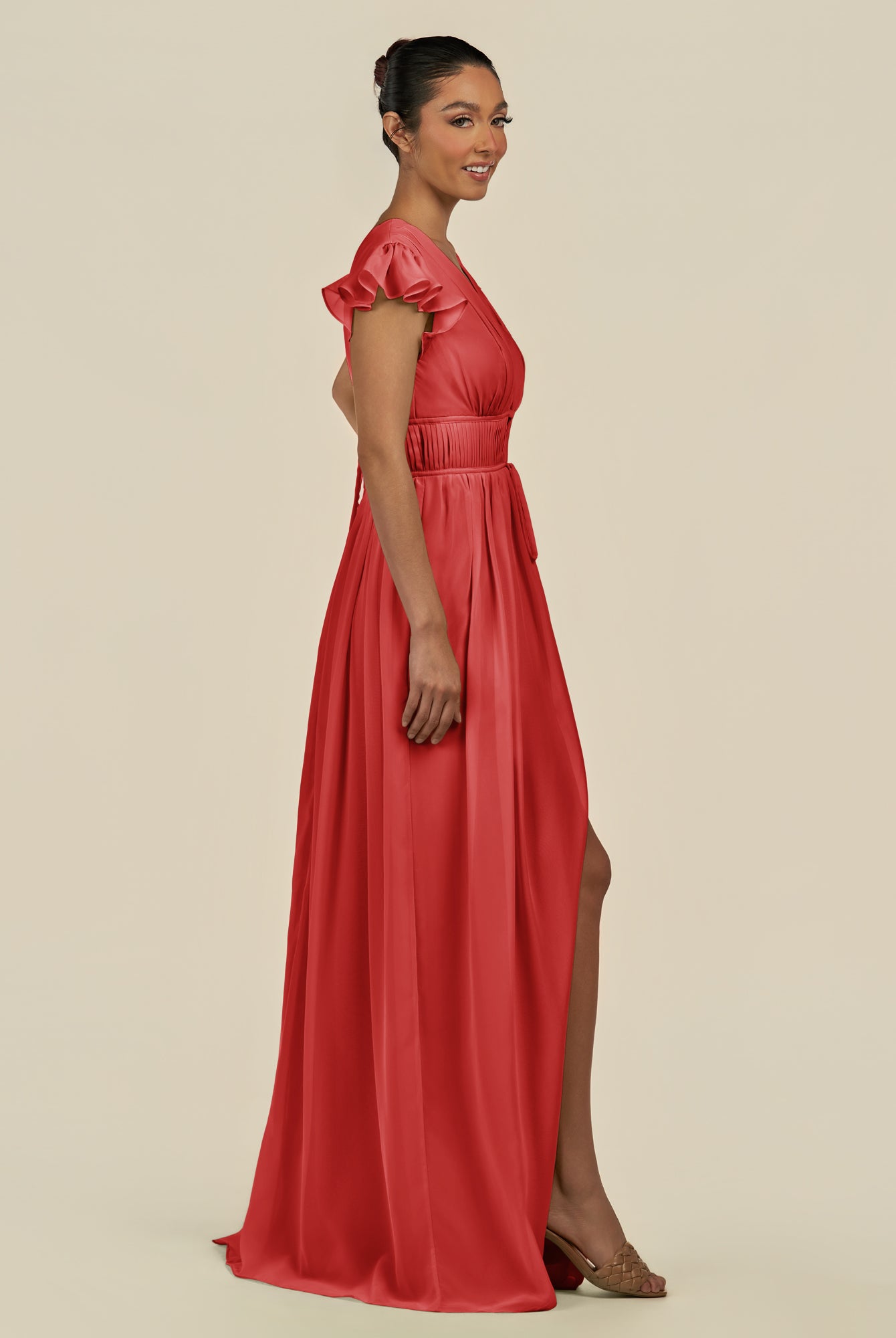 KissDress-Fienna Ruby Red A Line Chiffon Deep V Neck Long Bridesmaid Dress with Flutter Sleeves