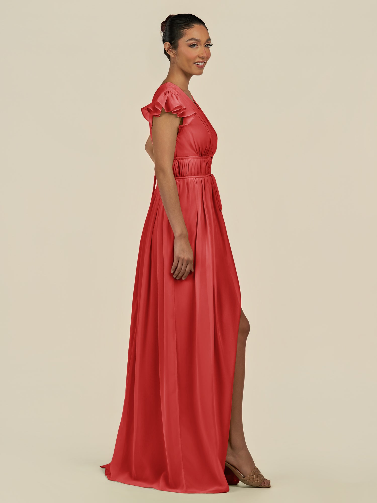KissDress-Fienna Ruby Red A Line Chiffon Deep V Neck Long Bridesmaid Dress with Flutter Sleeves