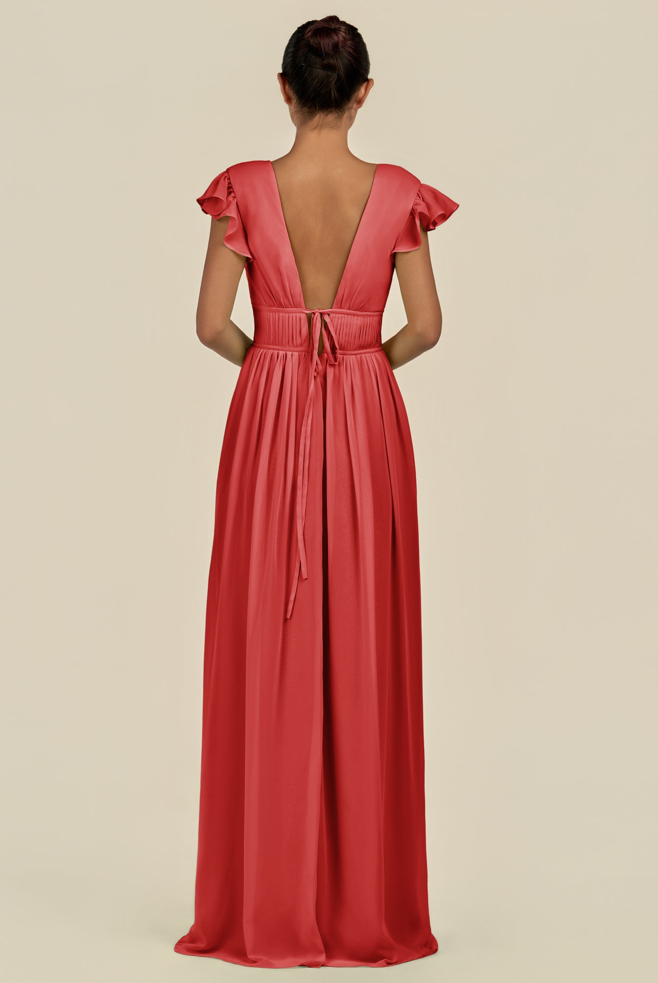 KissDress-Fienna Ruby Red A Line Chiffon Deep V Neck Long Bridesmaid Dress with Flutter Sleeves